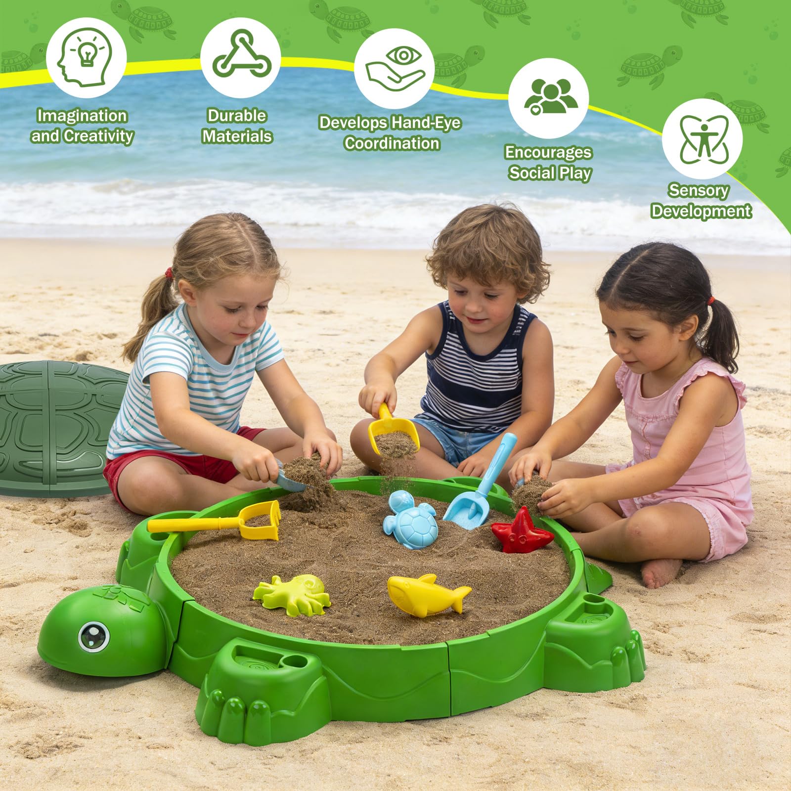 Sandbox Tortuga con sombrilla, juego de playa para niños, accesorios de animales marinos, juguete de arena con cubierta y pala (caja de arena)