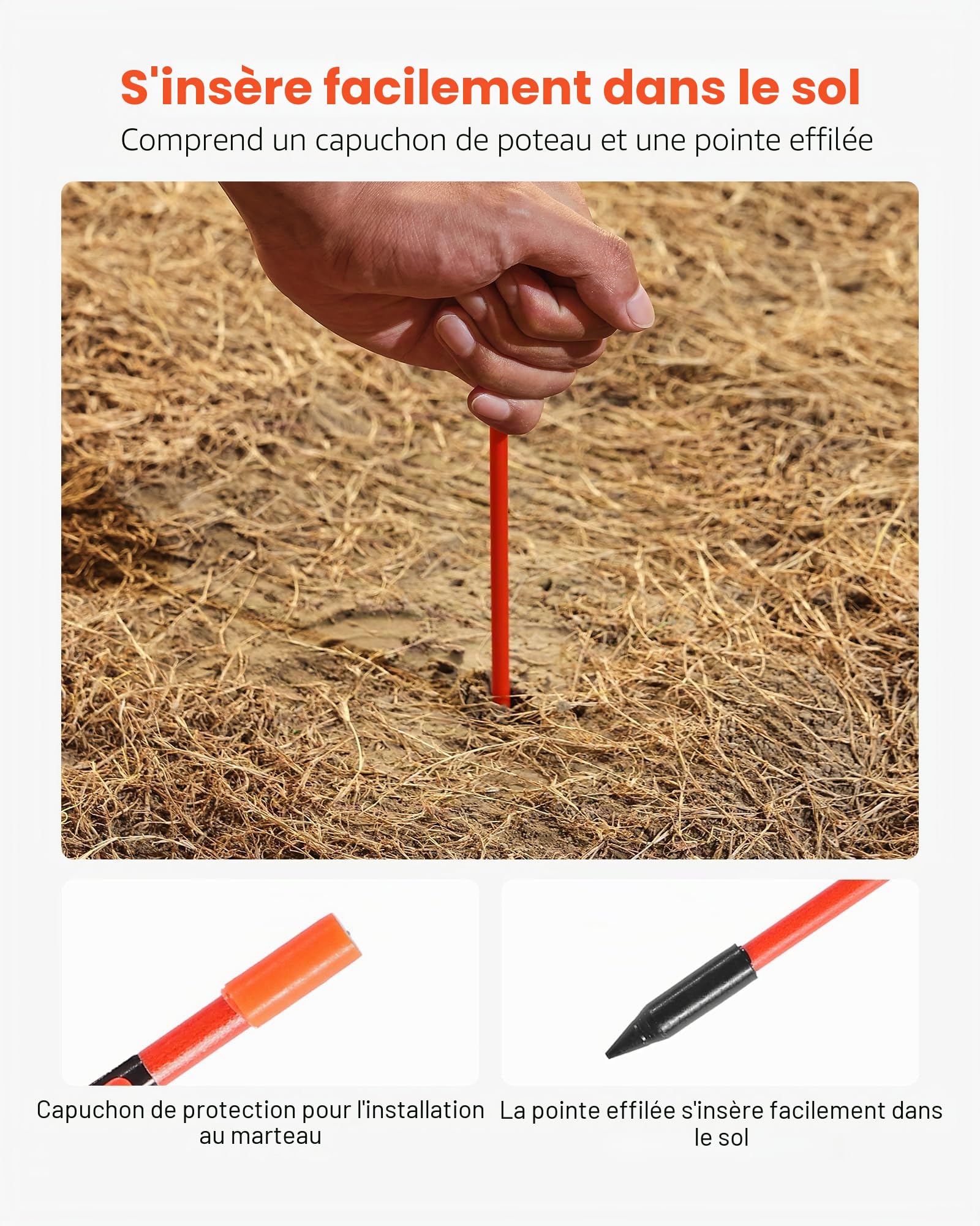VEVOR Marqueurs d'Allée Lot de 200 Piquets à Neige 8 x 1220 mm Fibre de Verre Réflecteurs Grande Visibilité Bande Réfléchissante, avec Foret en Acier 30 cm, Gants de Protection, pour Parkings, Allées