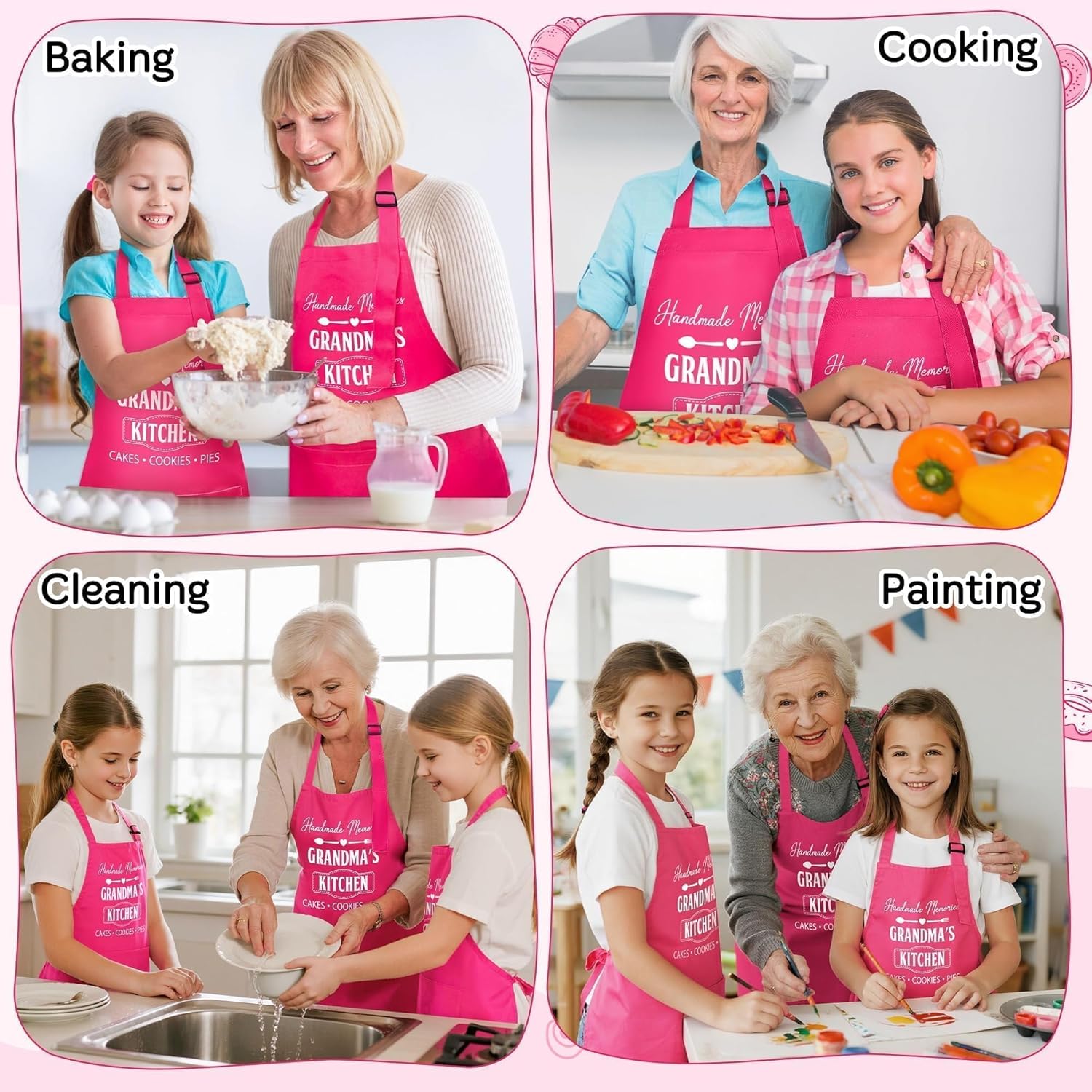 GROBRO7 3Pcs Kids Adult Apron Set Gift for Grandma and Child, Pink Grandma's Kitchen Pattern Adjustable Kitchen Aprons with 2 Pockets Waterproof Smocks Chef for Baking Cooking Painting Training - Image 5