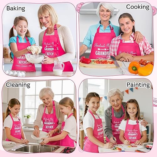 Miniatura 5 de GROBRO7 Juego de 3 delantales para niños y adultos, regalo para la abuela y el niño, diseño de cocina de la abuela rosa, delantales de cocina