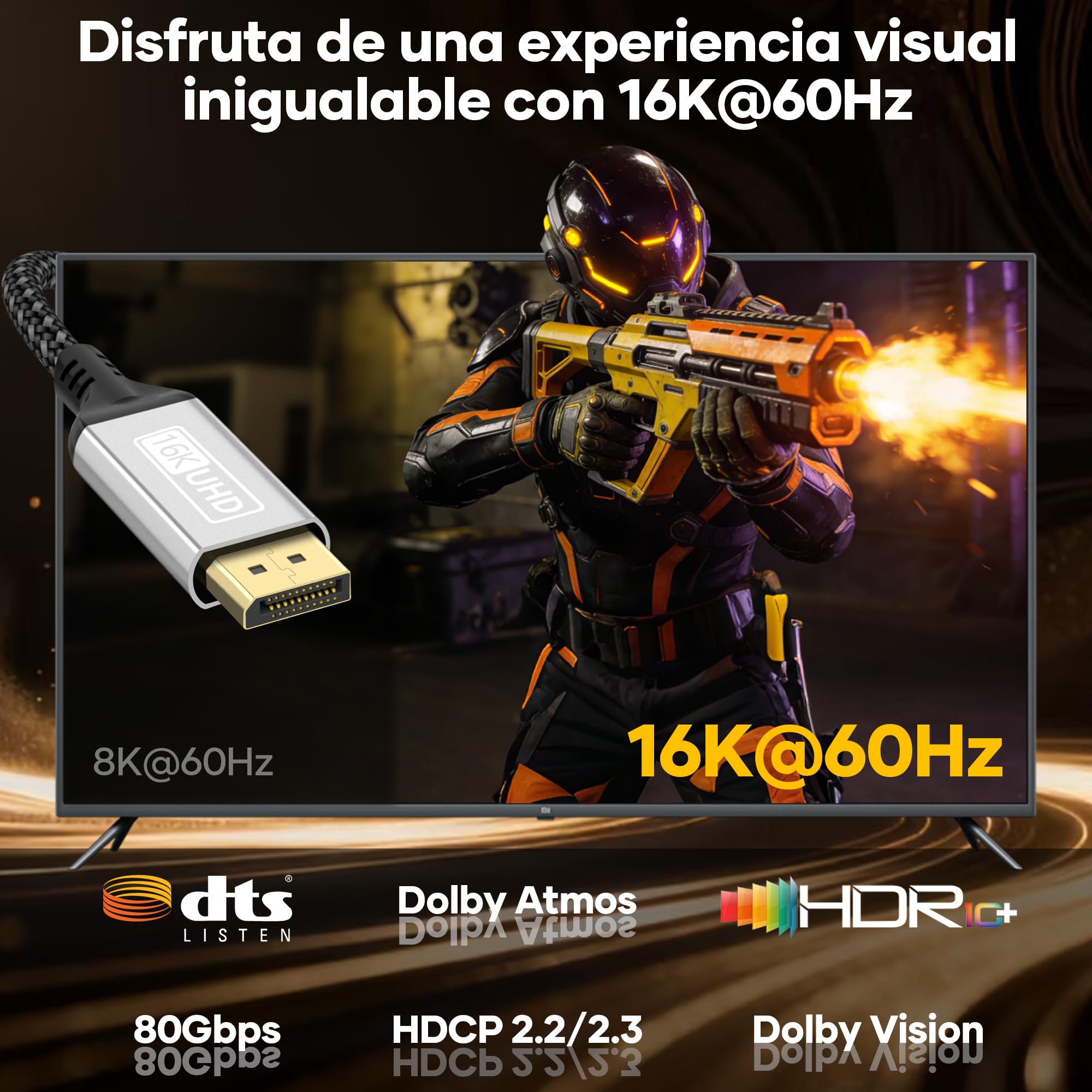 Cable DisplayPort 16K 2.1,cable DP 1m 16K@60Hz,10K@60Hz,8K@120Hz,4K@240Hz,165Hz,144Hz,cable DP de 80Gbps con HDR,FreeSync,G-Sync,DSC 1.2a,HDCP 2.2 con PC,HDTV,monitor gaming,portátil,tarjeta gráfica