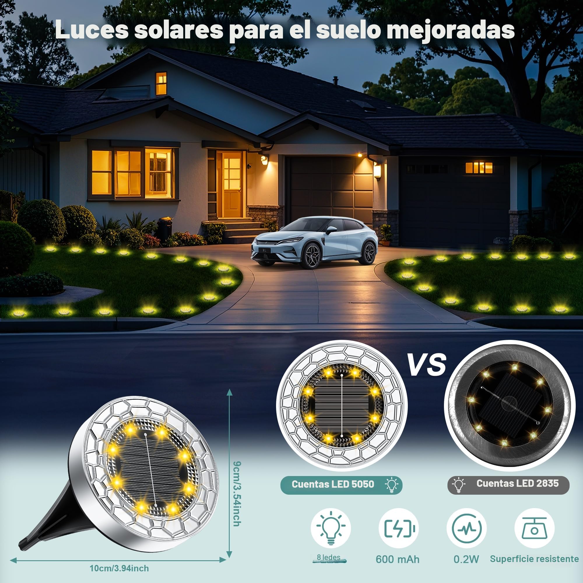 FIFlying 10 Piezas Luces Solares LED Exterior Jardín, 8 LED Luces Solares LED Exterior Jardín Suelo, Acero Inoxidable, Luces Solares LED Jardín para Césped, Camino, Acera, Patio, Blanco Cálido