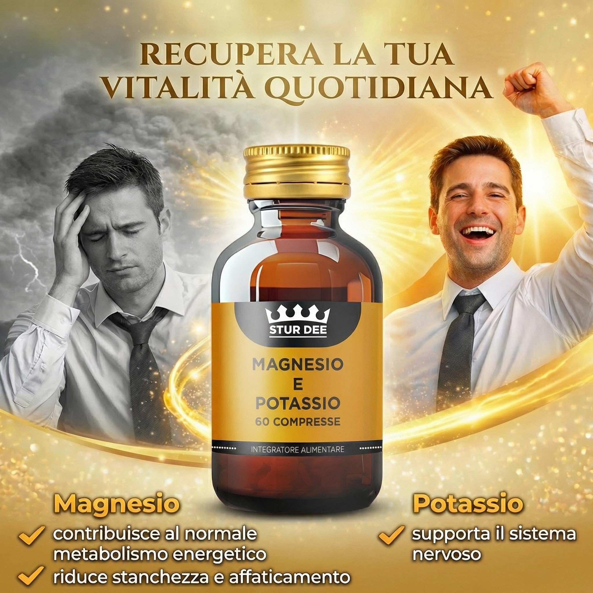 Magnesio e Potassio – Integratore Magnesio e Potassio senza zucchero, Sali Minerali Supporto Energia e riduce la stanchezza, Funzione Muscolare e Sistema Nervoso - 60 Compresse Stur Dee