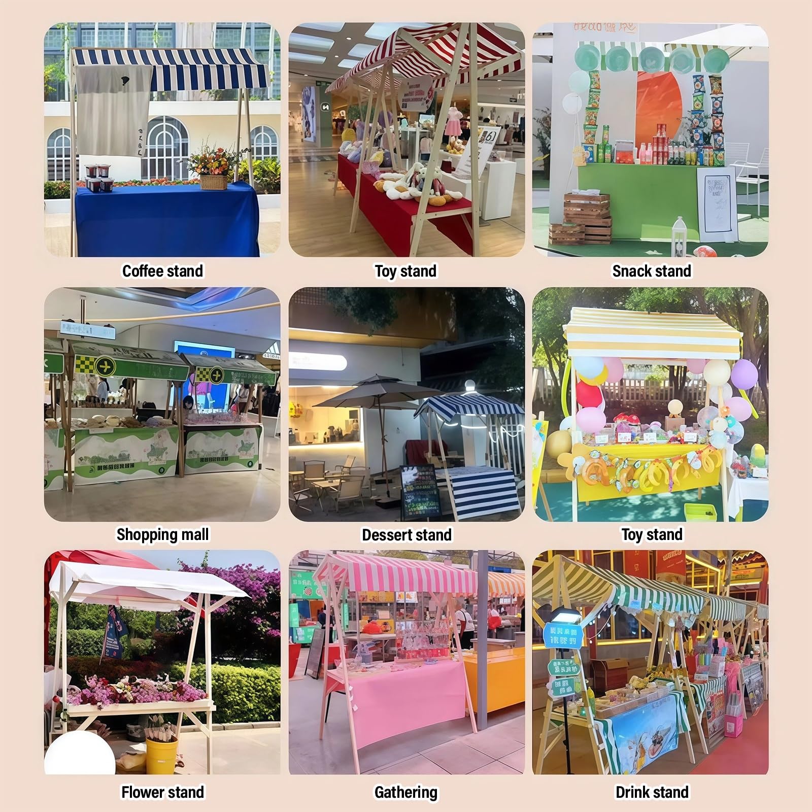 Carrito De Venta Exterior Plegable con Toldo, Puesto De Exhibición De Madera, Food Cart para Mercados, Eventos De Street Food Y Festivales, Kiosco Móvil para Vendedores Ambulantes