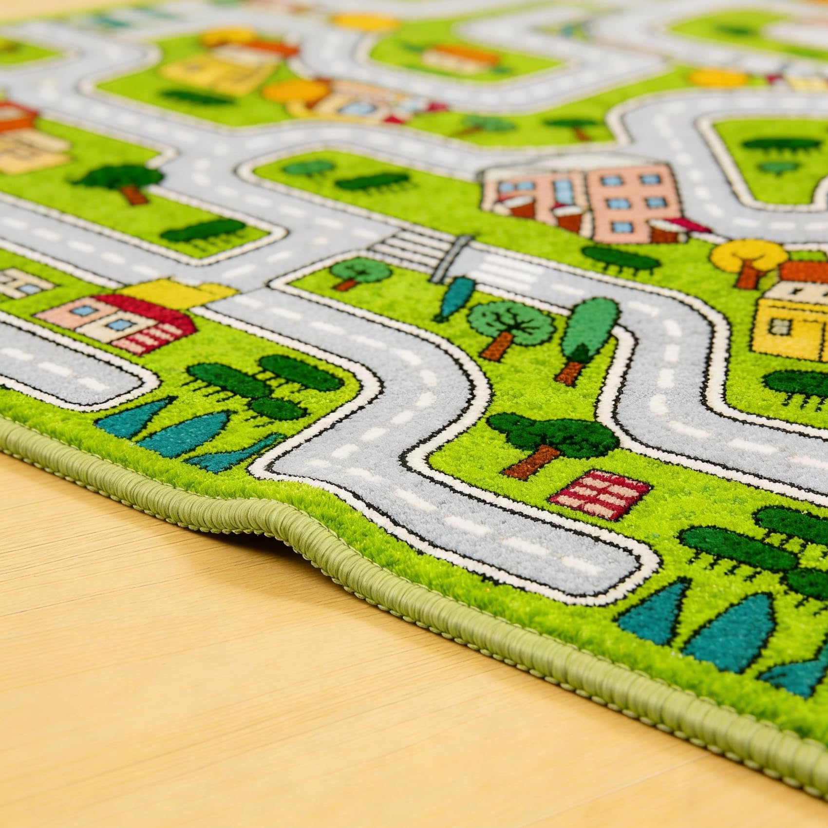 Kinder Teppich Spielteppich Straßen Maschinenwaschbar Kurzer Flor Pädagogischer Spielteppich， Rutschfest Autoteppich Junge Mädchen für Schlafzimmer & Spielzimme（80x150 cm） (Grün, 100*160cm)