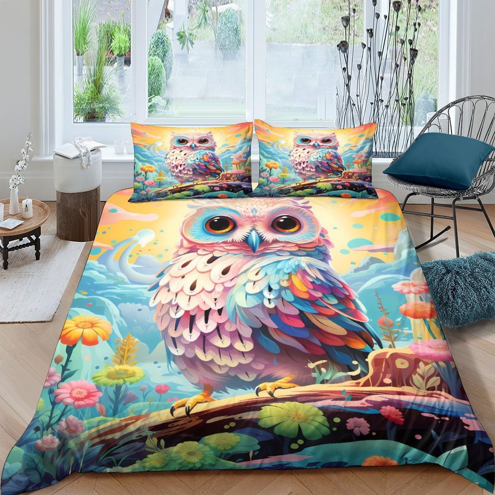 Ctjqhvkz Style-2 3D Printed Colorful Owl Fitted Sheet Microfiber Soft Anti-Slip Forest Art Mattress Cover For Bedroom Guestroom Home Decor Single（135X200cm）
