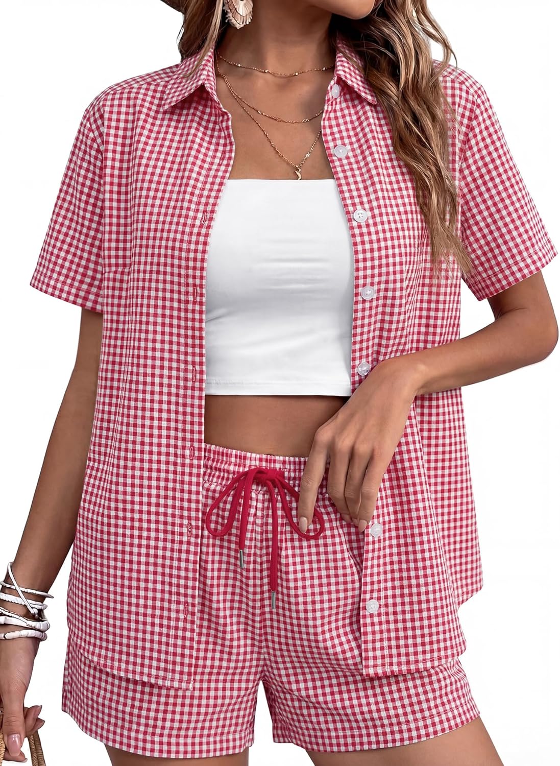 Rapbin Women's 2 Piece Summer Outfits Button Down Short Sleeve Shirt Set, Suitable for Office, Travel & Shopping Black