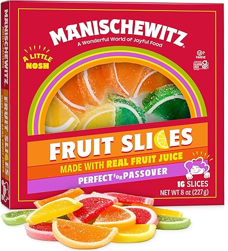 Manischewitz Rebanadas de fruta confitada en una caja de regalo, 8 onzas, hechas con jugo de fruta real, sin gluten, sin jarabe de maíz de alta