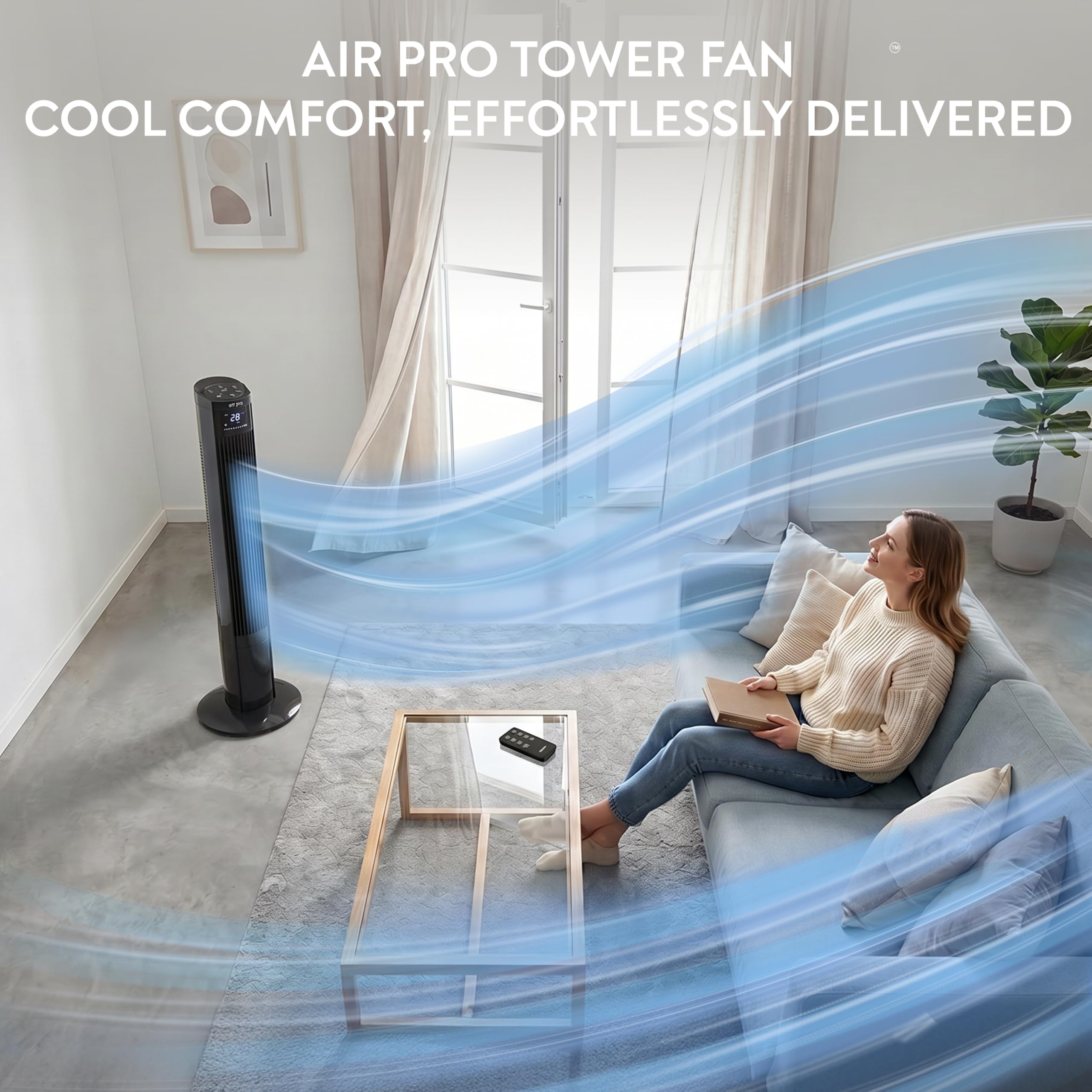 Air Pro 48" Tower Fan Oscillating Bladeless Fan with Remote Control - Tall Compact 3 Speeds Quiet 55W Motor Cooling Fan - Floor Standing Fan for Home Office - LED Display 15 Hour Timer