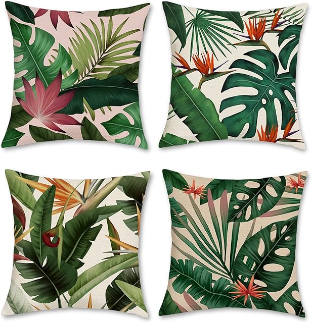 Bonhause Tropical Leaves Cushion Covers 45 x 45 cm Green Leaf Plant Decorative Throw Pillow Covers Polyester Linen Pillowcases for Sofa Patio Garden Outdoor Decor Set of 4