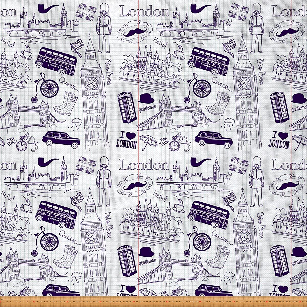 London Fabric by The Yard England Theme Doodle Famous Architectural Landmarks Theme Illustration Upholstery Fabric for Chairs Big Ben Tower Bridge Decorative Waterproof Fabric 3 Yards,(L276*W150cm)