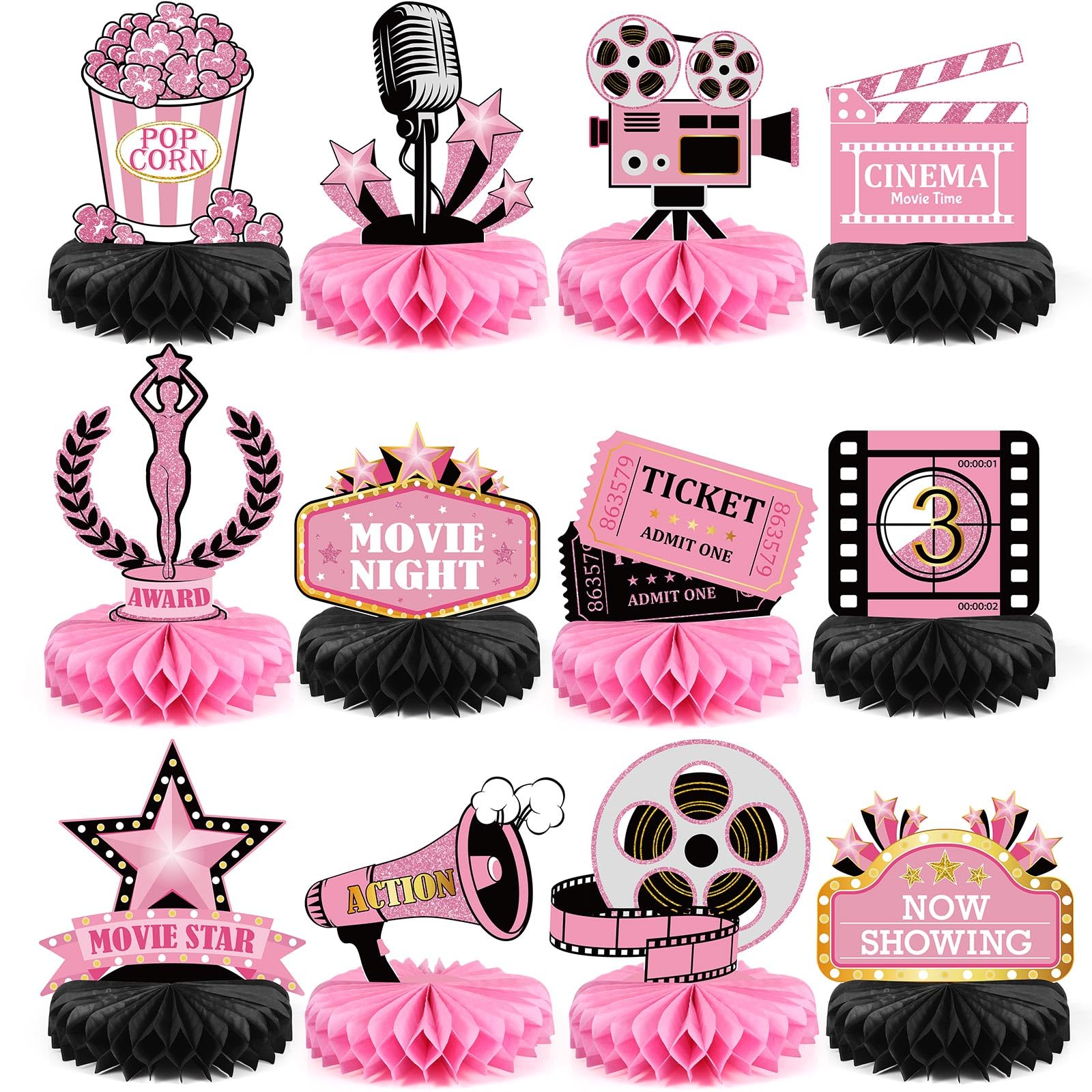 Pajean 12 Pieces Movie Night Party Decorations Supplies Movie Theater Centerpiece Honeycomb 3D Ticket Popcorn Star Table Topper Decor for Birthday Party Favors (Pink)