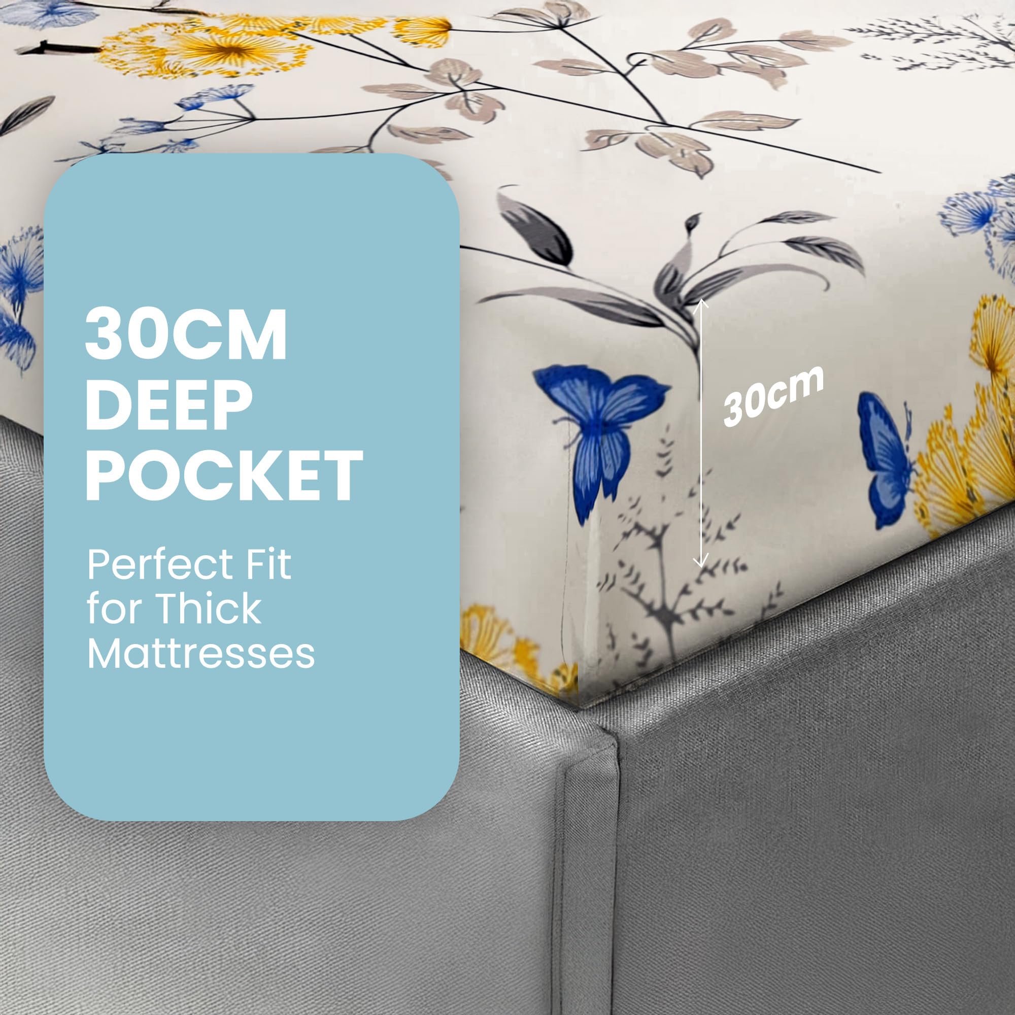 DANYDude 100% Egyptian Cotton Floral Printed Small Double Fitted Sheet 400 Thread Count Fitted Sheets Small Double Soft & Machine Washable 30cm/12” Extra Deep Fitted Bed Sheets Room Decor - Image 3