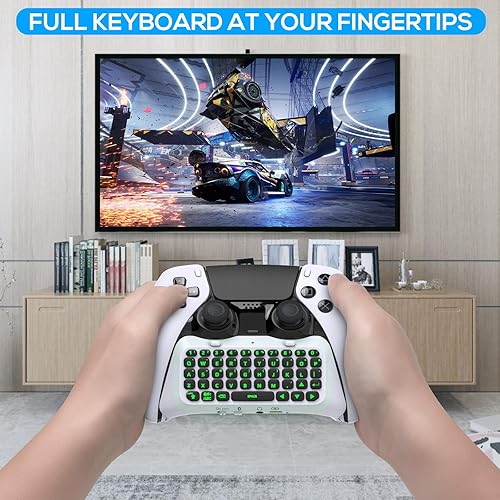 Miniatura 7 de FYOUNG Teclado para PS5 Edge Controller con retroiluminación verde, Bluetooth 3.0 Mini teclado portátil de mensajes Chatpad, altavoz incorporado y