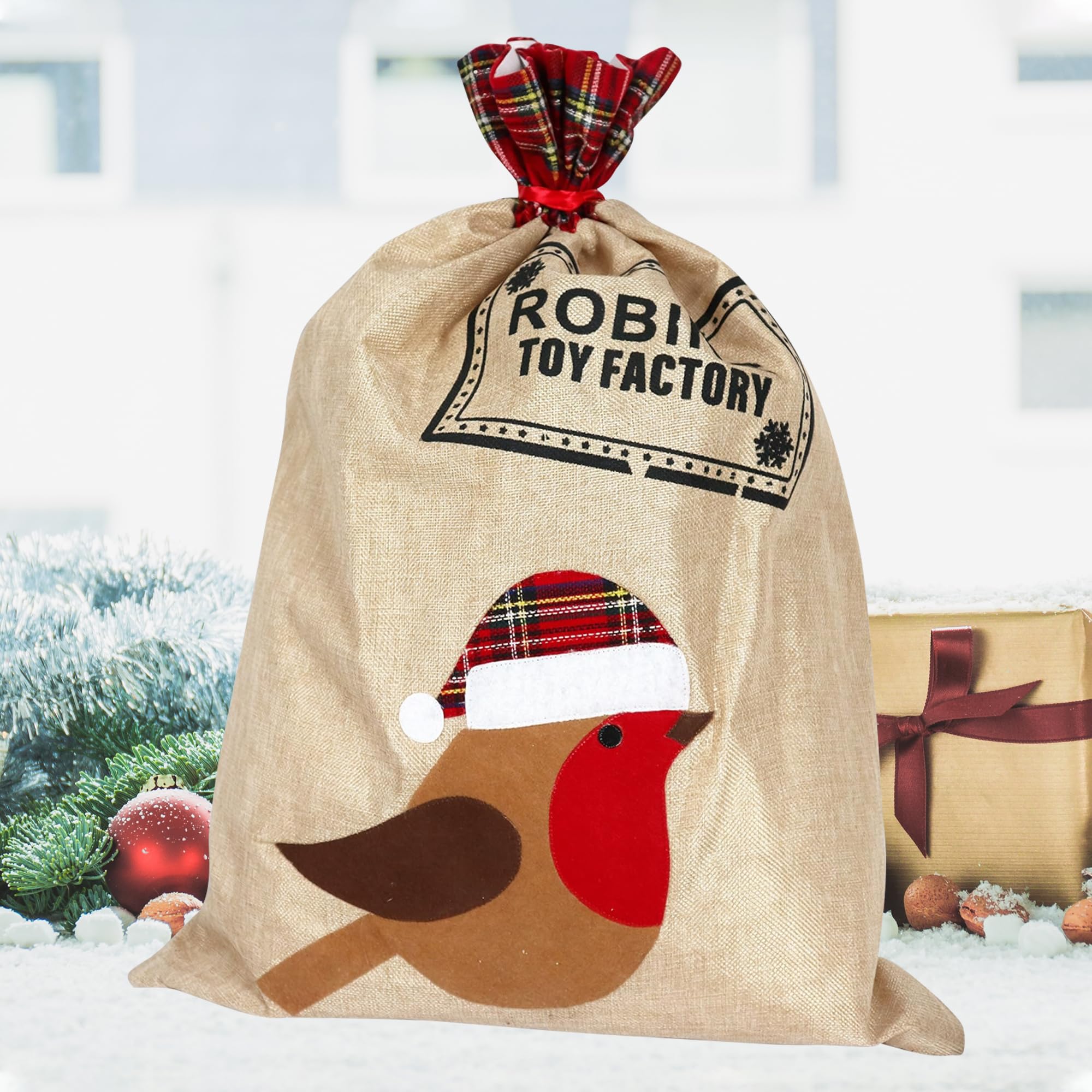 WedDecor Burlap Hessian Robin Santa Sack, Large 50cm x 70cm Christmas Bag with Red Plaid Cuff Toy Factory Design, Rustic Reusable Festive Holiday Sack for Xmas Decor