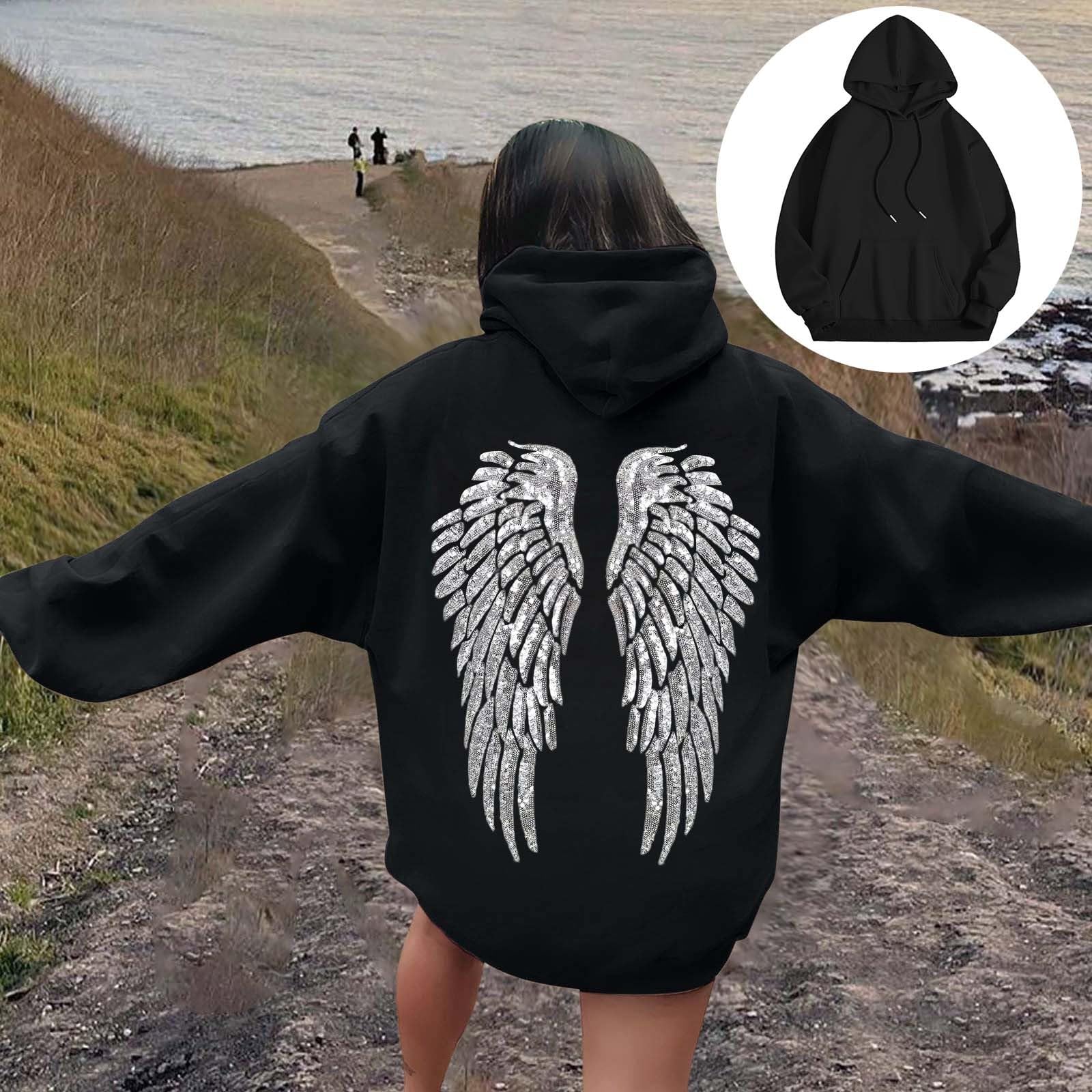 Sweat à capuche pour femme avec capuche et paillettes - Imprimé ailes d'ange - Manches longues - Col rond - Baggy - Confortable - Haut tendance - Streetwear