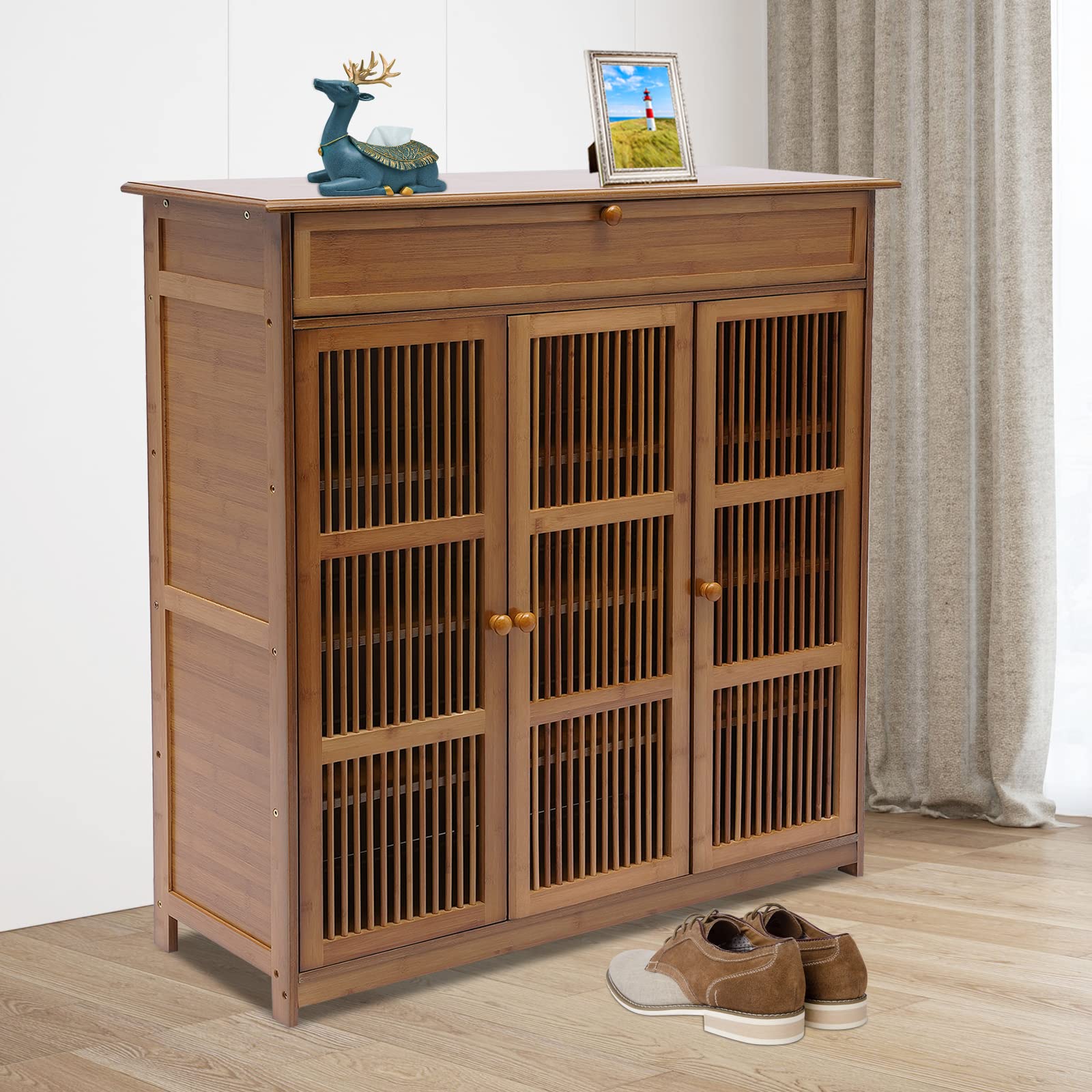 Scarpiera in bambù con cassetto e Ampio Piano Superiore, 5 Ripiani in bambù con Porta, Organizer per Scarpe per 20-25 Paia, Ingresso, corridoio, Soggiorno, Camera da Letto