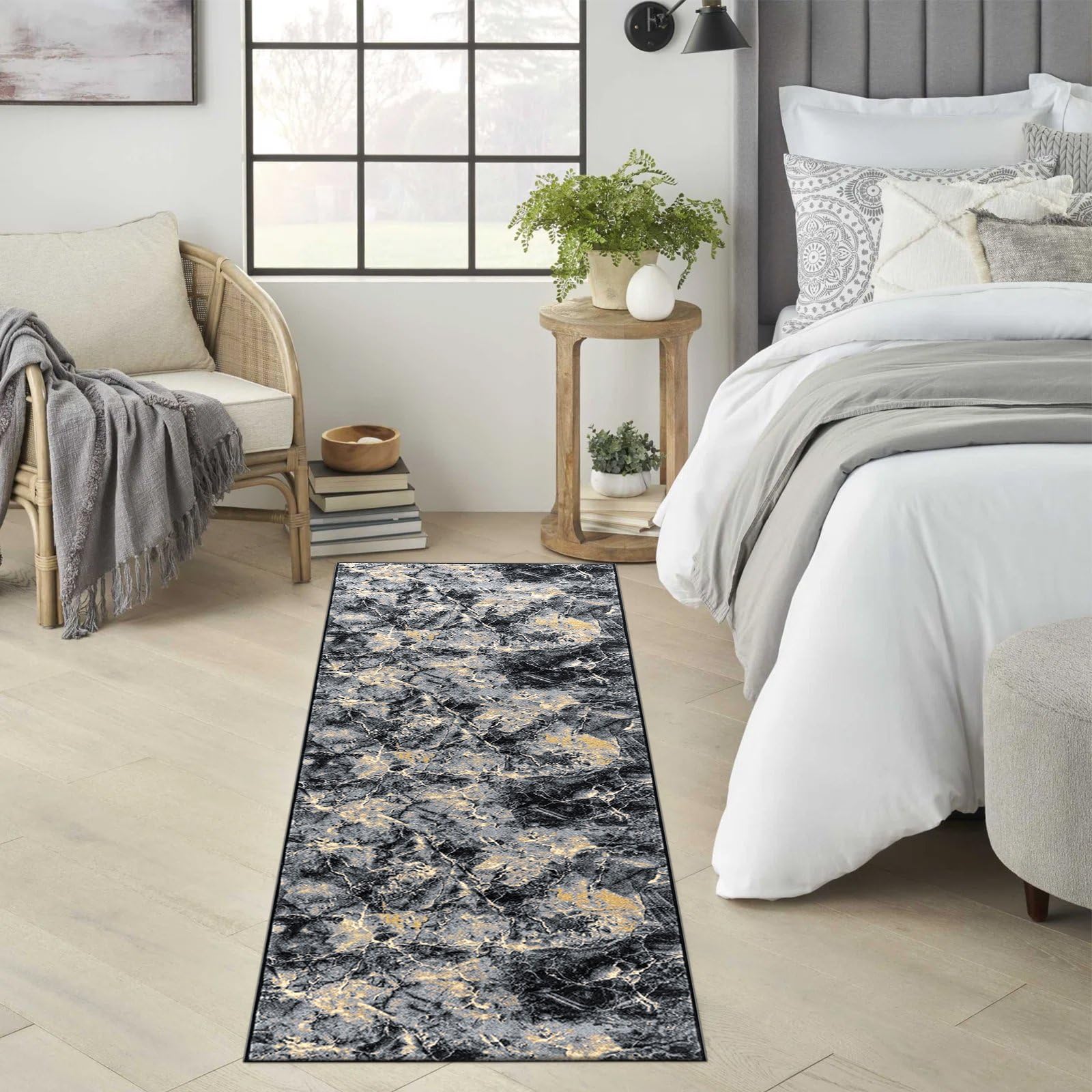 renoazul® Non Slip Runner Mat With Gel Backing - Marble Rug - 60 x 220 cm - Ochre - Low Pile Rug, Kitchen Runners Non Slip Washable - Ideal For Living Room, Bedside, Lounge.