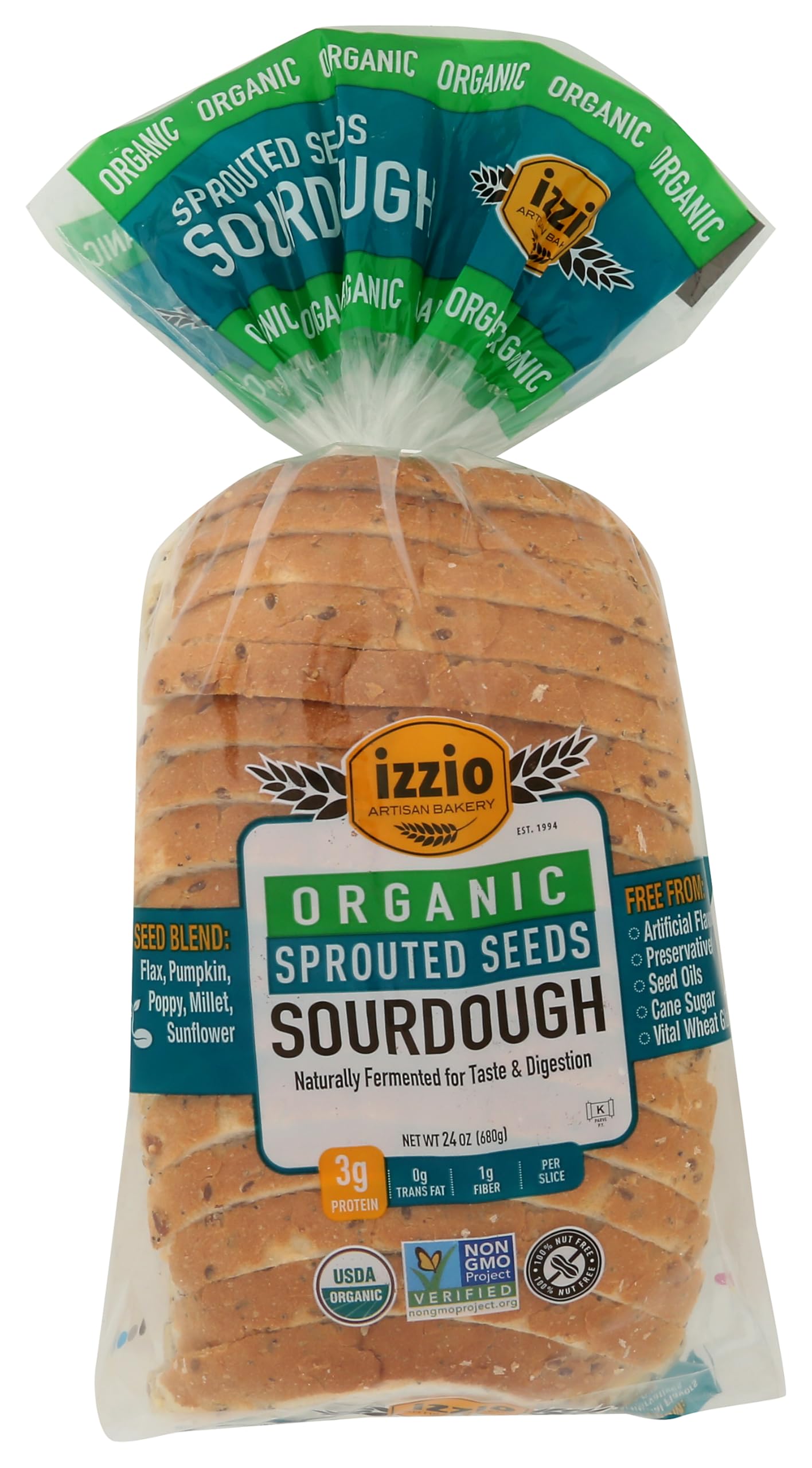 IZZIO ARTISAN BAKERY Organic Rocky Mountain Sprouted Seed Sourdough Sliced Batard, 24 OZ