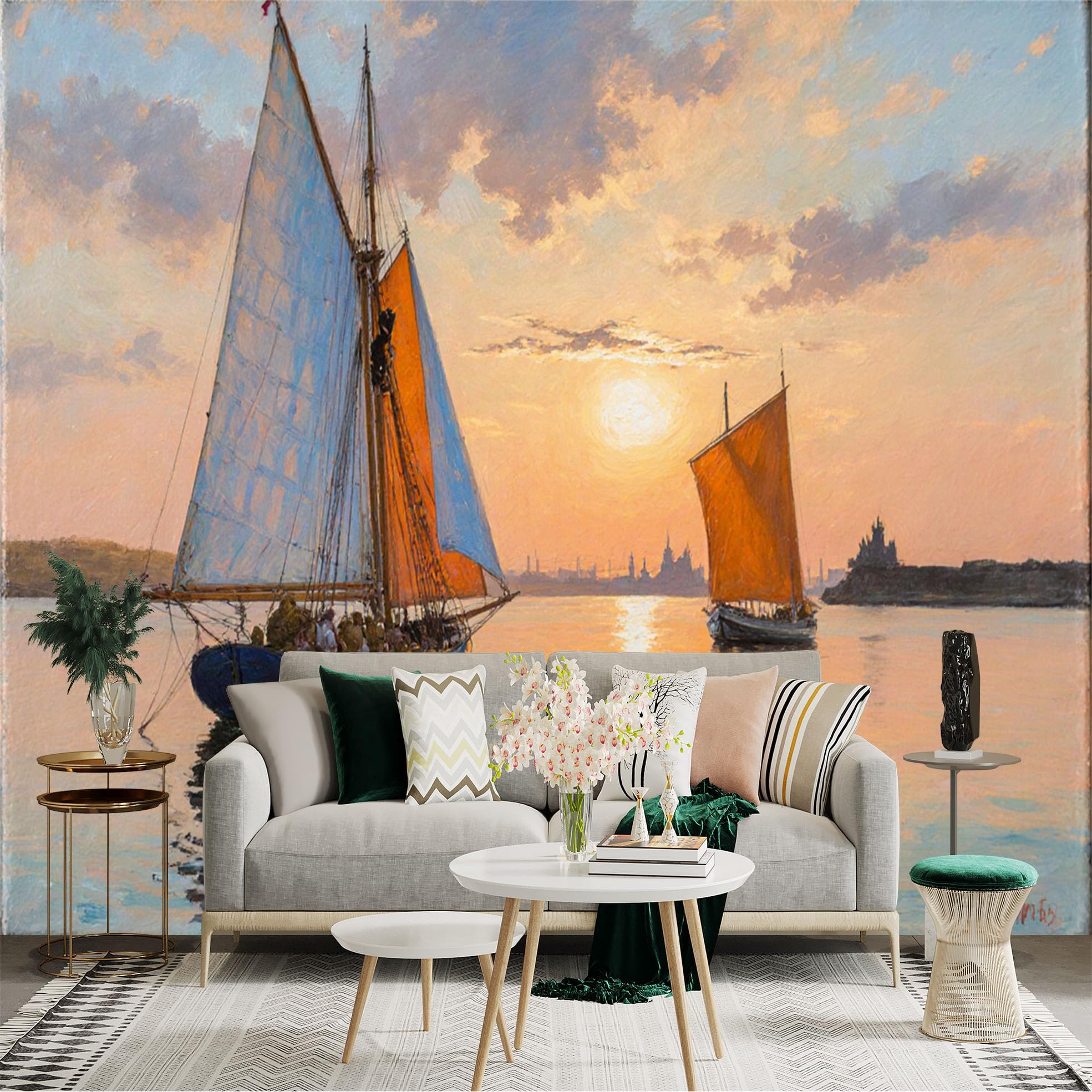 Custom Size Wall Sticker Mural， Sailing Boats on Calm Sea at Sunset with Orange and Blue Sails， for wall Decoration， peelandstick wall Decals.