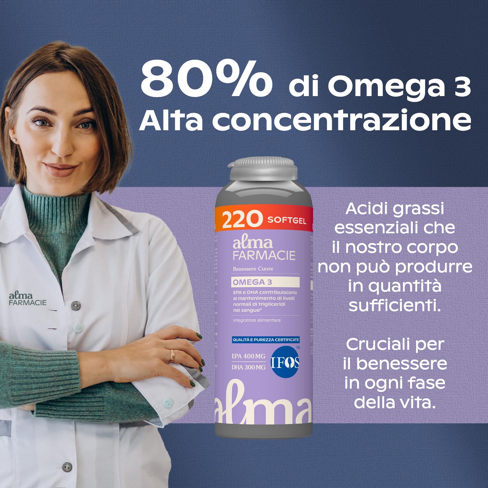 Omega 3 Alma Farmacie 220 Softgel Certificato IFOS 5 Stelle | 400 mg EPA e 300 mg DHA per dose, olio puro per il controllo dei trigliceridi, cuore, mente, occhi. Senza Glutine e Lattosio