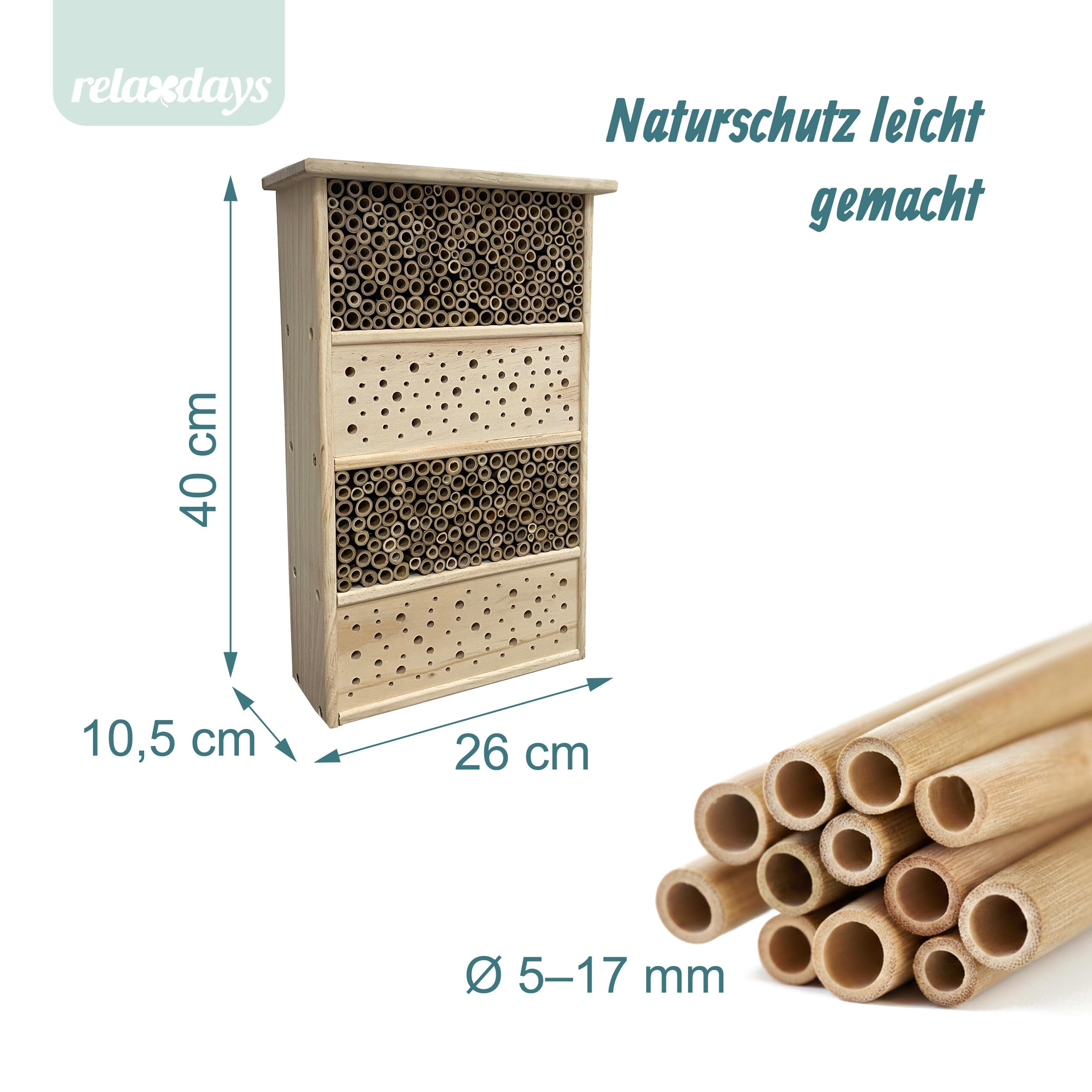 Relaxdays Bienenhotel, Holz, Bambusröhrchen, HBT: 40 x 26 x 10,5 cm, Garten, Balkon, Insektenhotel zum Aufhängen, Natur