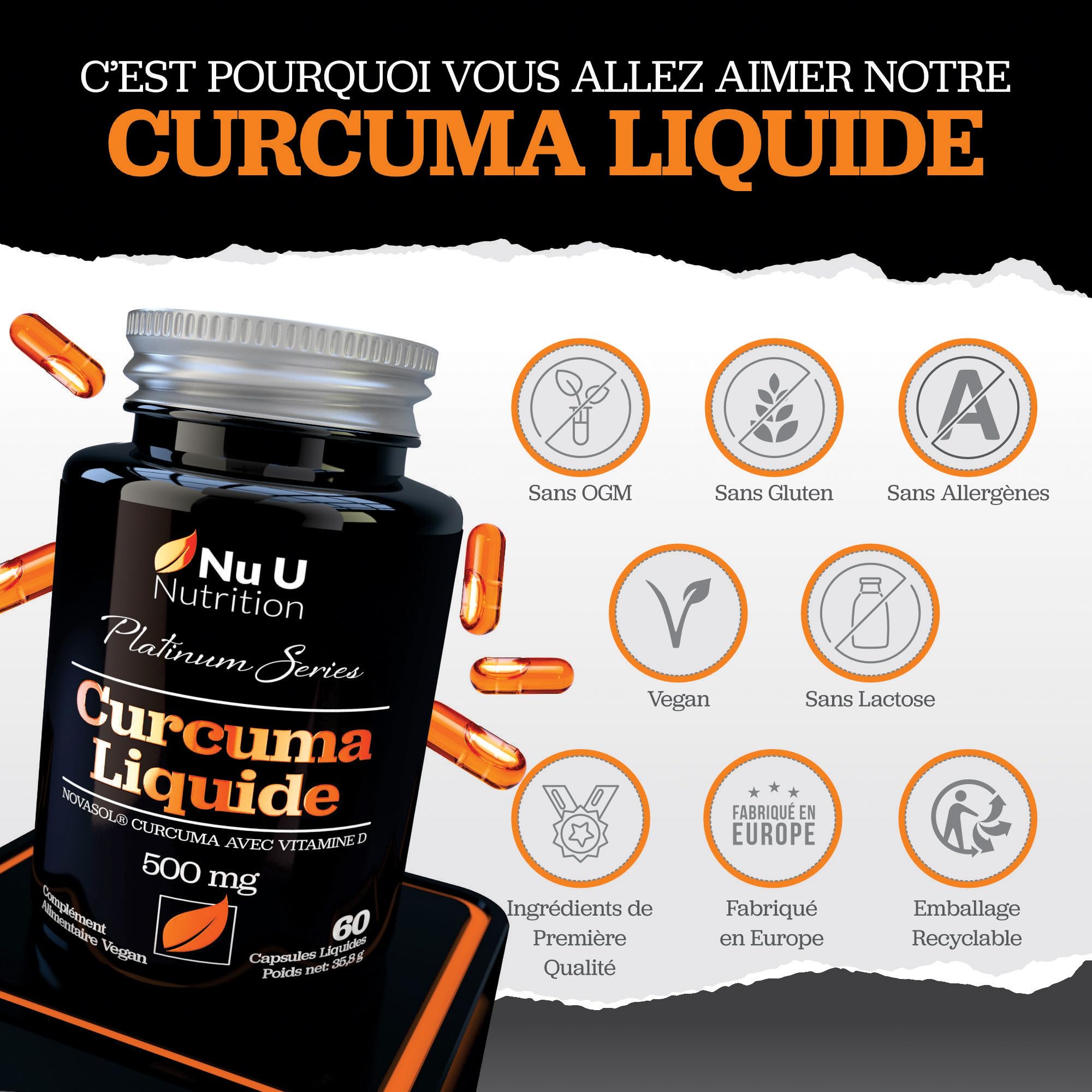 Turmeric Curcuma Capsules (Liquide) avec Vitamine D 185 plus de Biodisponibilité NovaSOL® Curcumine, 60 Capsules, Premium Turmeric Curcumine Liquide de Forte Puissance, pas de Comprimés