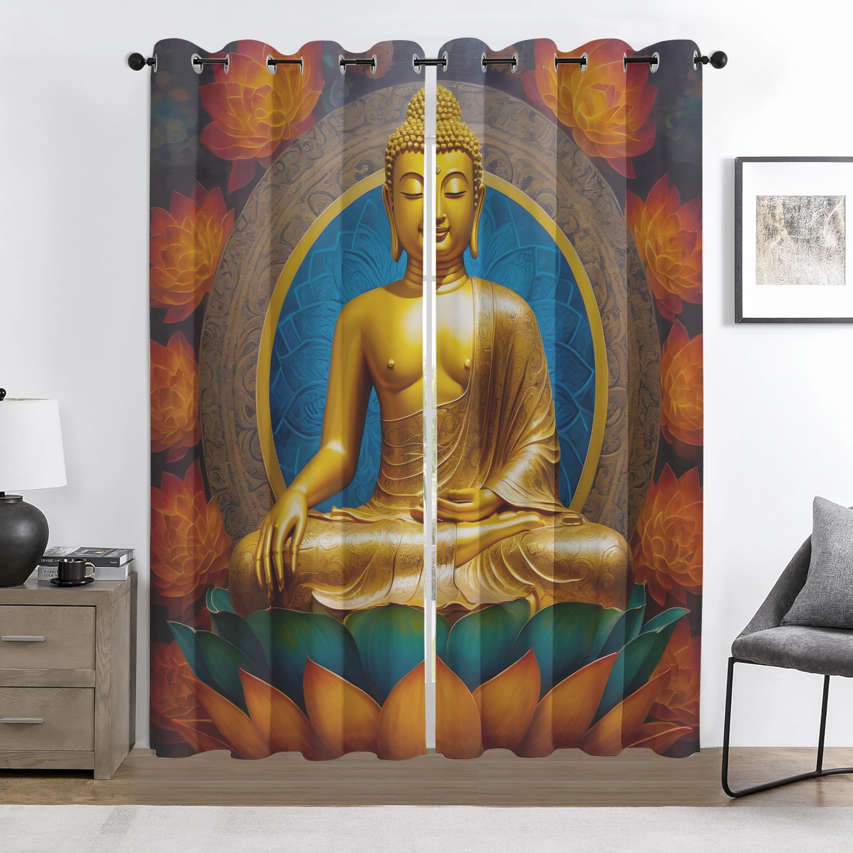 Rideaux occultants Bouddha Doré et Lotus Orange 117x137 cm | Lot de 2 isolants thermiques