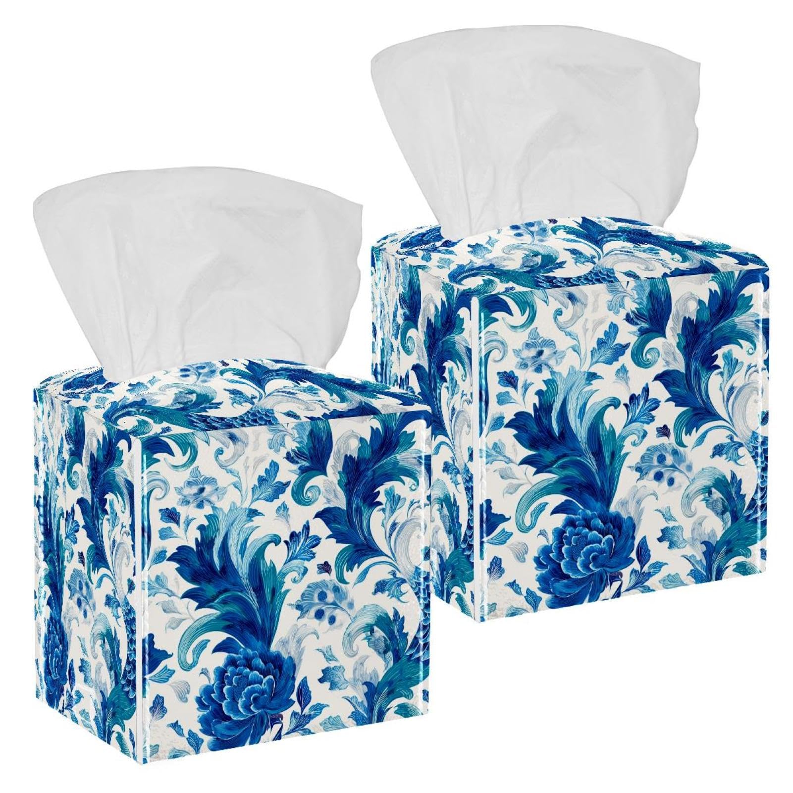Blue Peacock Feathers Tissue Box Cover, 2 Pack PU Leather Square Facial Tissue Dispenser Box holder for Home Office Car