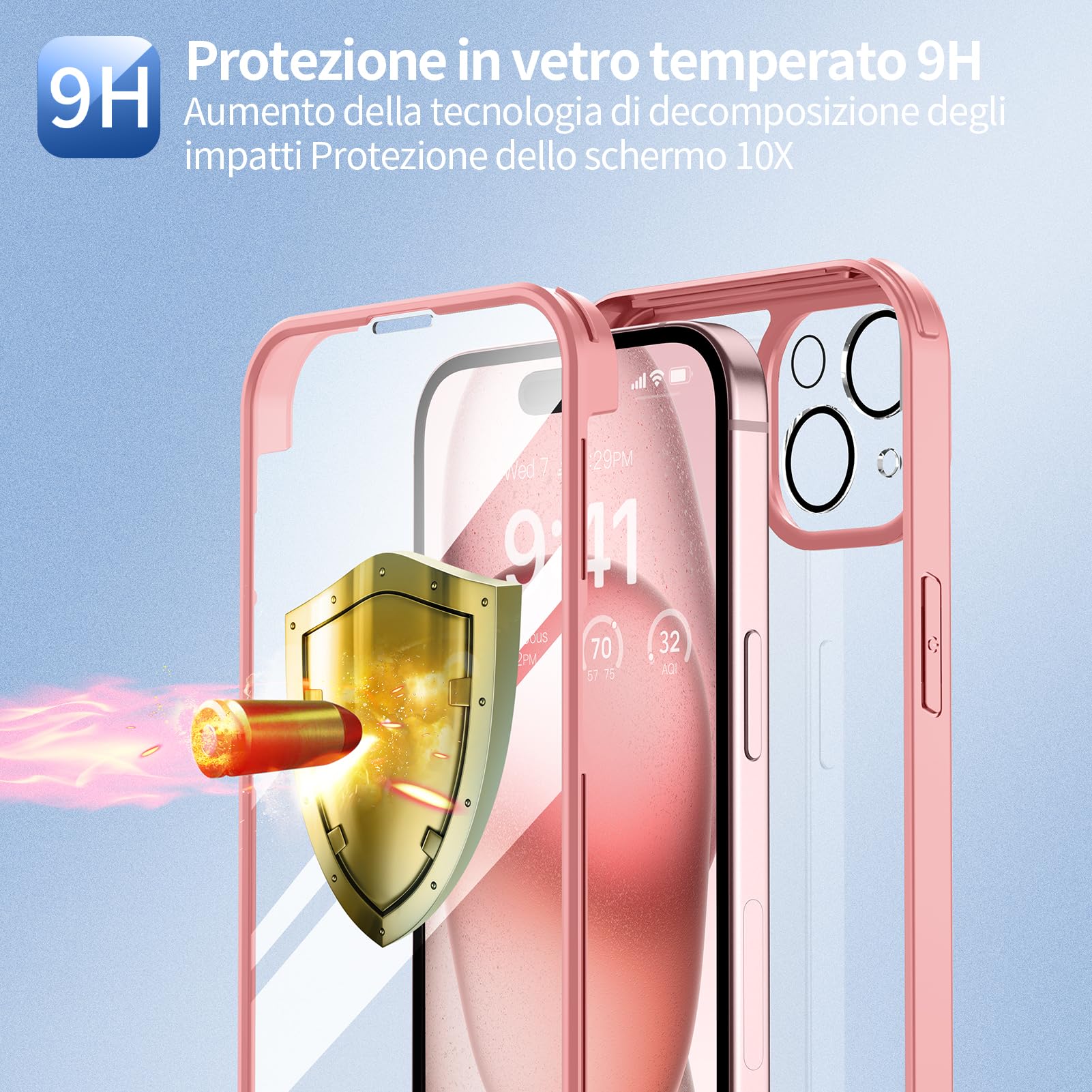 seacosmo Cover per iPhone 15, [9H HD] Integrata Vetro Temperato Schermo e Pellicola Fotocamera 360 Gradi Antiurto Case Rugged Doppia Protezione Custodia per iPhone 15, Rosa