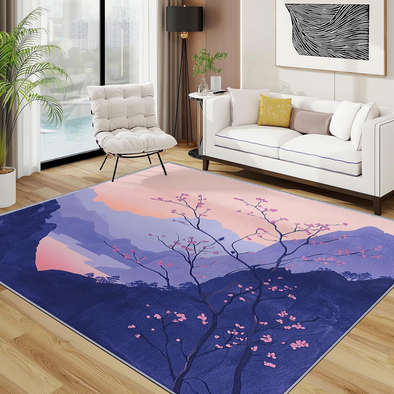 80x150 cm Alfombras Antideslizante y Lavable a Máquina Pintura a tinta de montaña natural Alfombras Impresión Suave Esponjoso Modernas Púrpura Para Dormitorio Habitación Infantil Oficina Sala de Estar