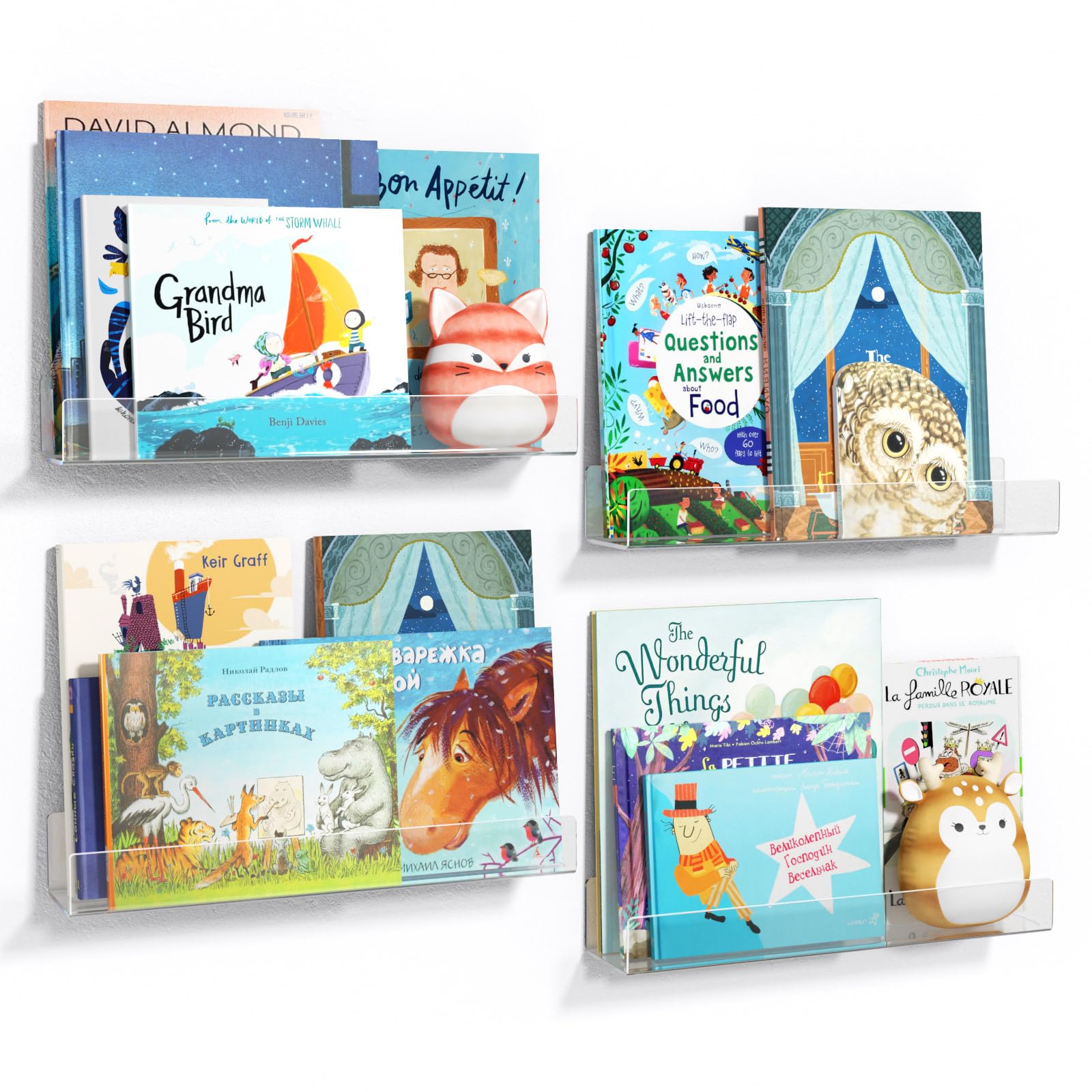 NIUBEE 16.5-Inch Acrylic Floating Bookshelves, 4-Pack, Clear Modern Wall Shelves for Child/Toddler， Invisible Ledge Book Shelves for Multi-Layer or