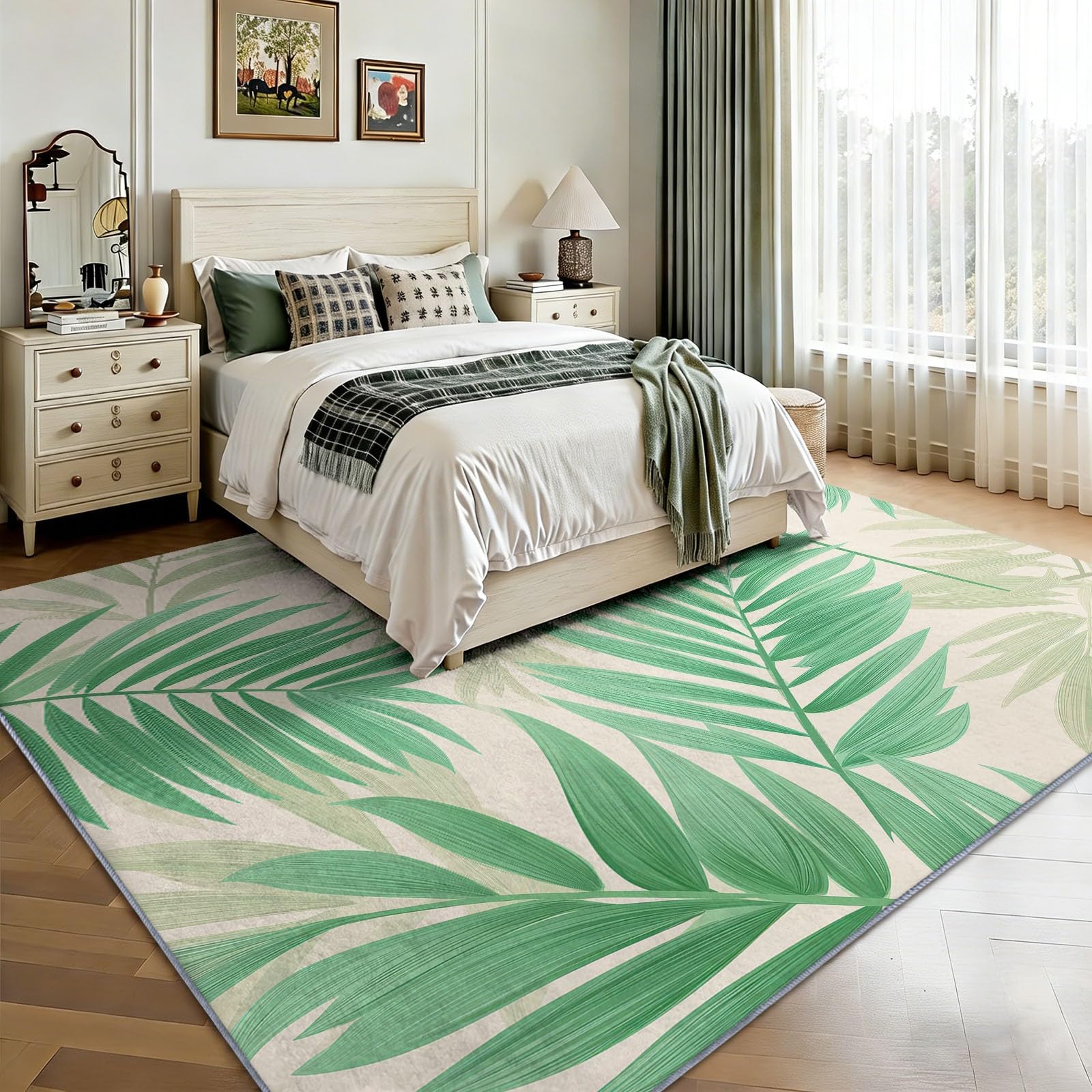 Tapis Salon 160x230 cm Plantes Vert Feuilles de Palmier Rayures, Style Rustique Moquette Imprimé Lavable en Machine - Vert Sauge Tapis Doux Antidérapant pour Chambre à Coucher et Bureau Salle de Jeux