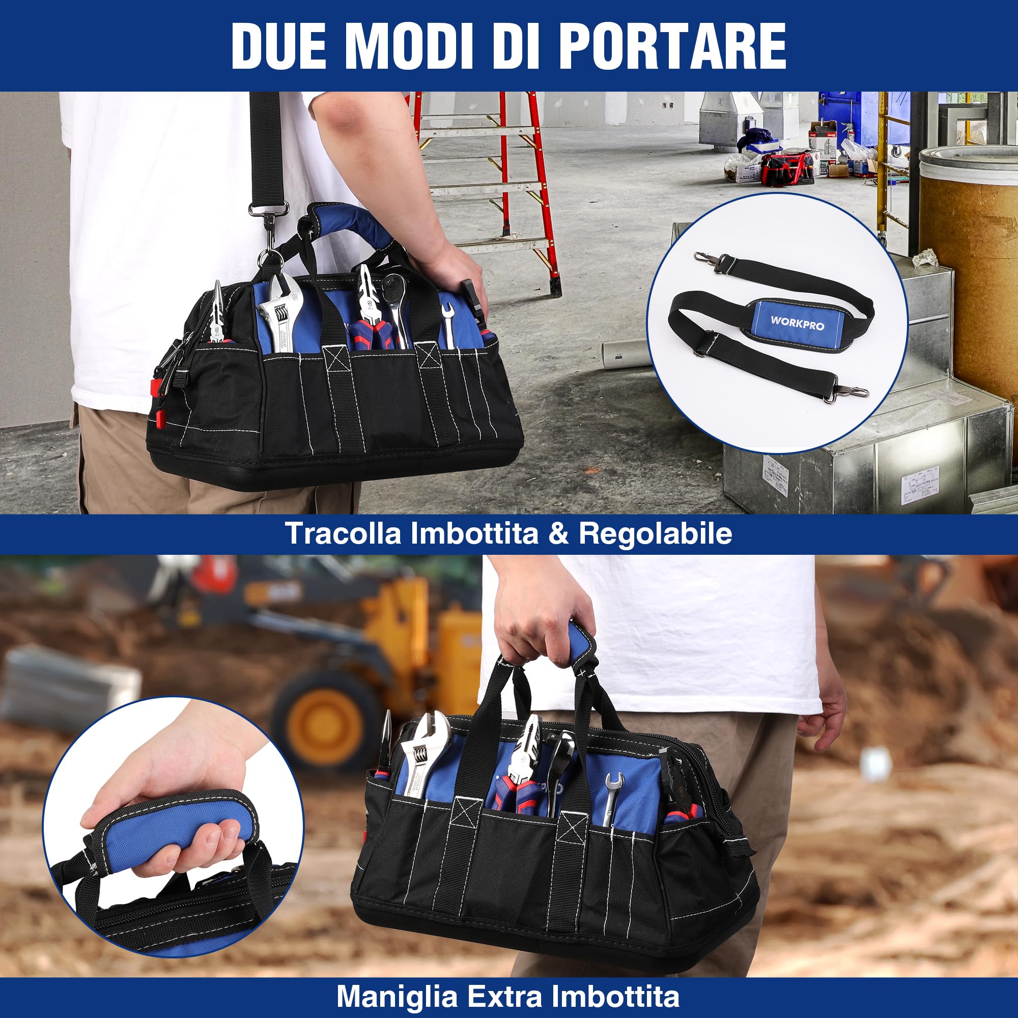 WORKPRO Borsa porta Attrezzi Lavoro a Bocca Ampia 40 x 22 x 26 cm, Multitasche per Impieghi Pesanti, con Base Rigida in Plastica Impermeabile, Portautensili