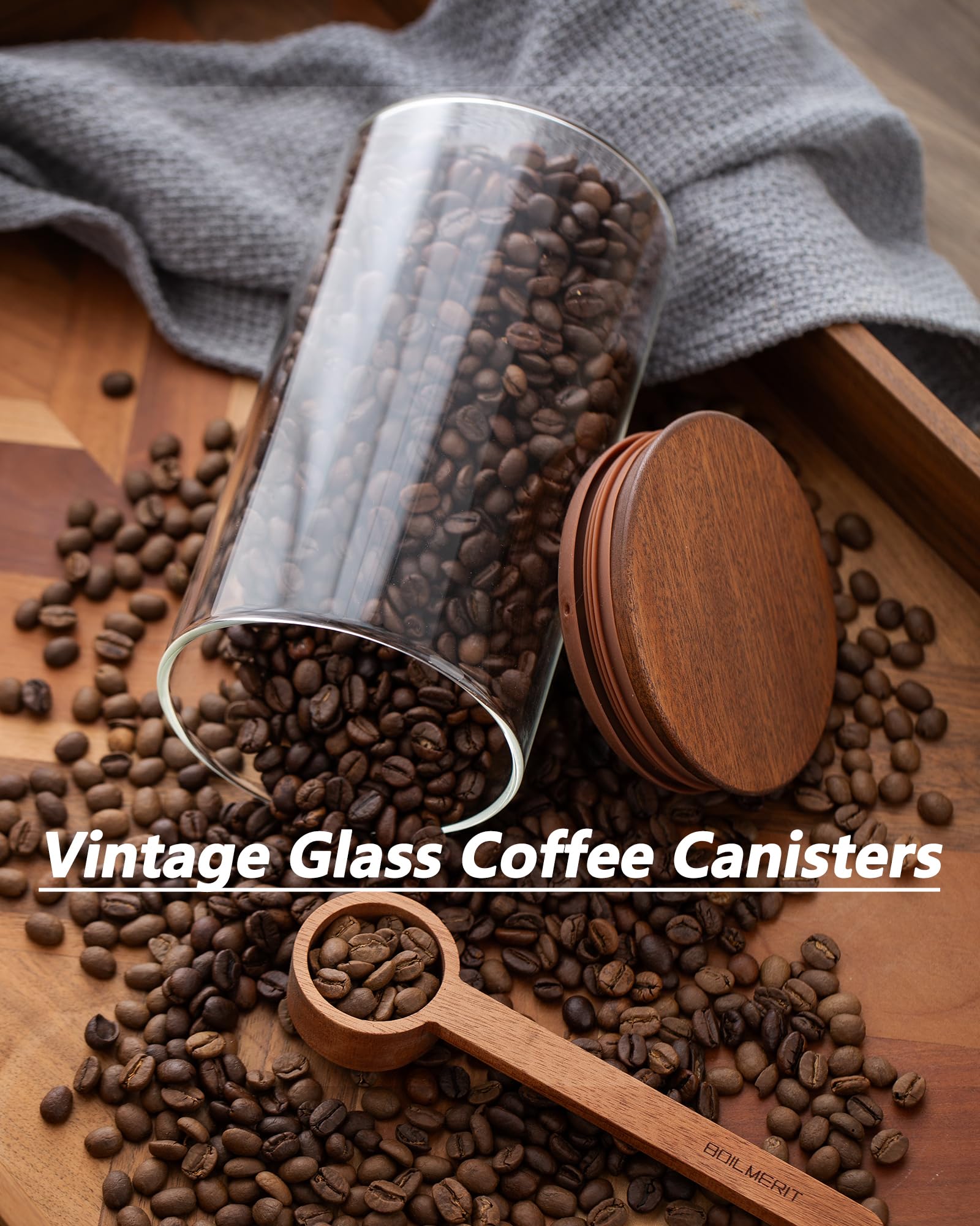 1100 ml Kaffeedose mit Schaufel und Holzdeckel, luftdichter Kaffeesatzbehälter, 2er-Set, Glas-Vorratsdose für Cafébohnen, Aufbewahrungsbar, Bar-Organizer