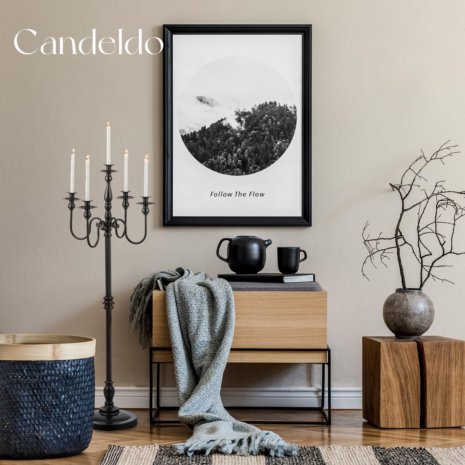 Candeldo Portacandele da pavimento: set di 2 candelabri neri, decorazione per Halloween, tavoli da pranzo alti a 5 bracci, centrotavola per candele moderne, decorazione per caminetto