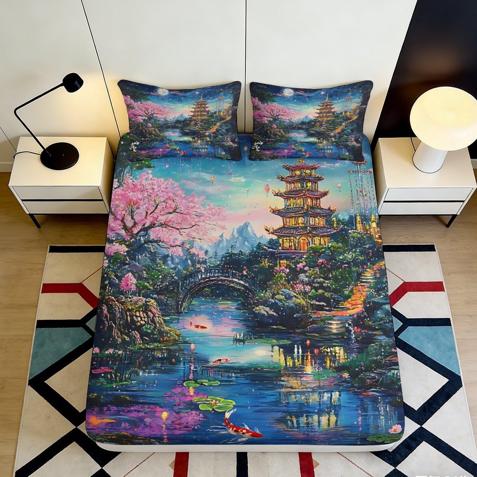 3D Printed Cherry Blossom Pagoda Fitted Sheet Microfiber Soft Breathable Night Landscape Bed Cover for Bedroom Dormitory Guest Room Mattress Protection 120x200x25cm