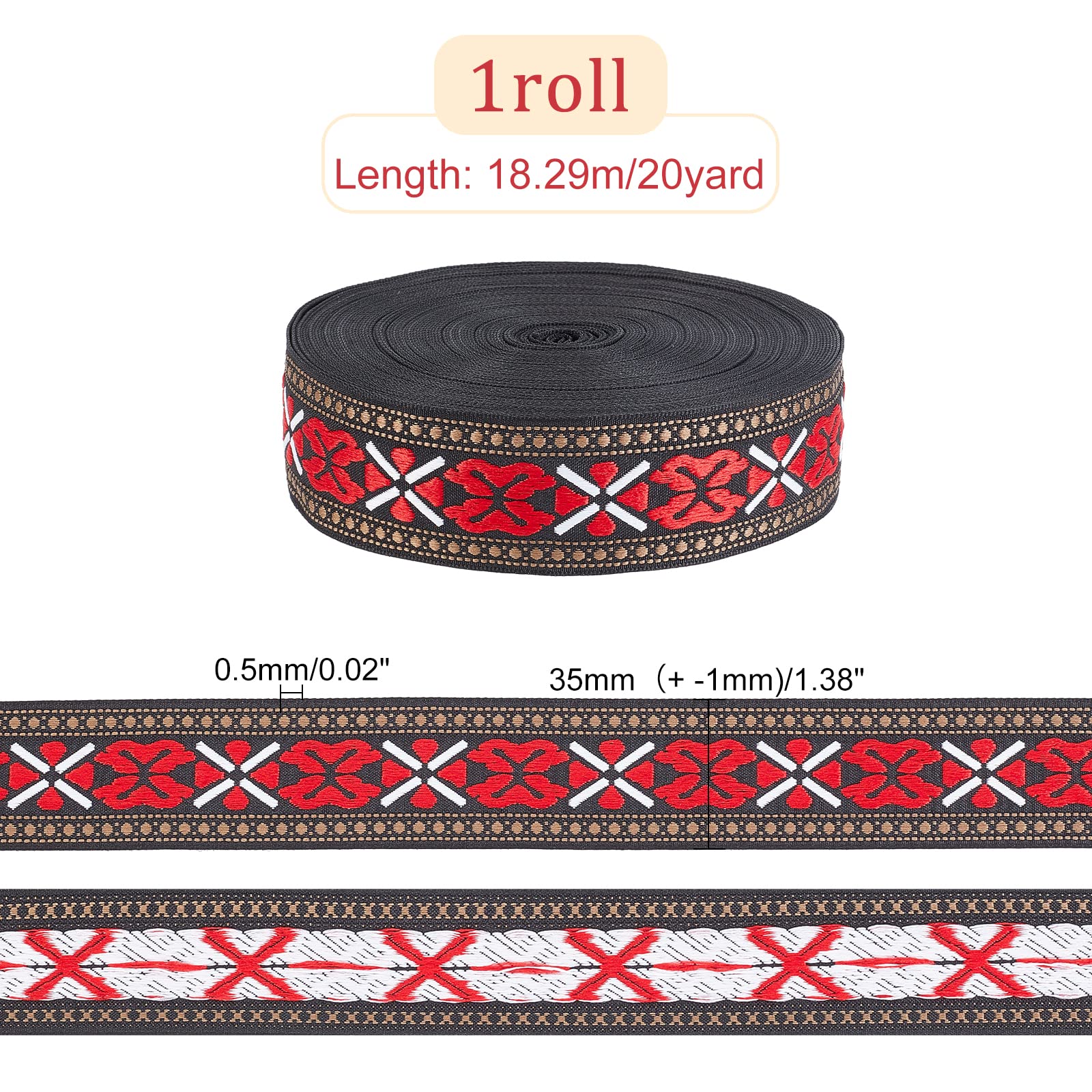 FINGERINSPIRE 20 Yards/18.3m Black Red Narrow Vintage Jacquard Ribbon 20mm Floral Butterfly Pattern Embroidered Woven Trim Ethnic Style Polyester Ribbons Sewing Craft Jacquard Trim for Embellishment - Image 2