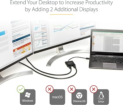 StarTech USB-A 3.0 to Dual HDMI Adapter, 4K 30Hz + 1080p 60Hz, Windows only | USB 5Gbps to 2x HDMI external graphics, 1x 4K 30Hz + 1x 1080p 60Hz, Extend or mirror