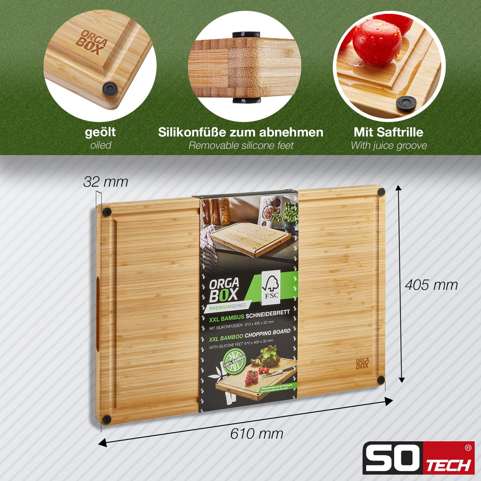 ORGA-BOX XXXL Schneidebrett massiv geölt aus 100% Bambus mit Griffmulde u. Saftrille | 61x40,5x3,2 cm | antibakteriell und rutschfest inkl. Silikonfüßen| zum Schneiden oder Anrichten von Lebensmitteln