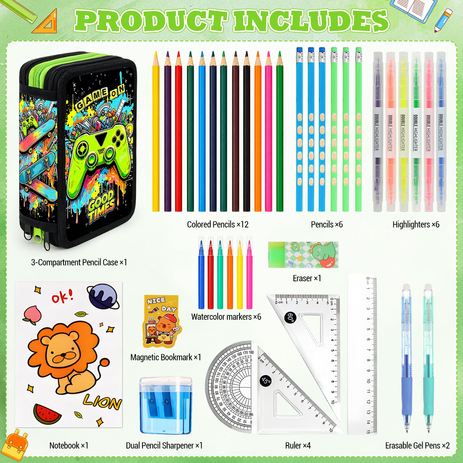 41 Artikel Federmappe Jungen, Federmäppchen 3 Fach Jungen Mäppchen Gefüllt Spiel Set, Federtasche 3 Fächer Einschulung Geschenke für Kinder Schüler mit Radierbaren Stiften, Textmarker, Buntstiften
