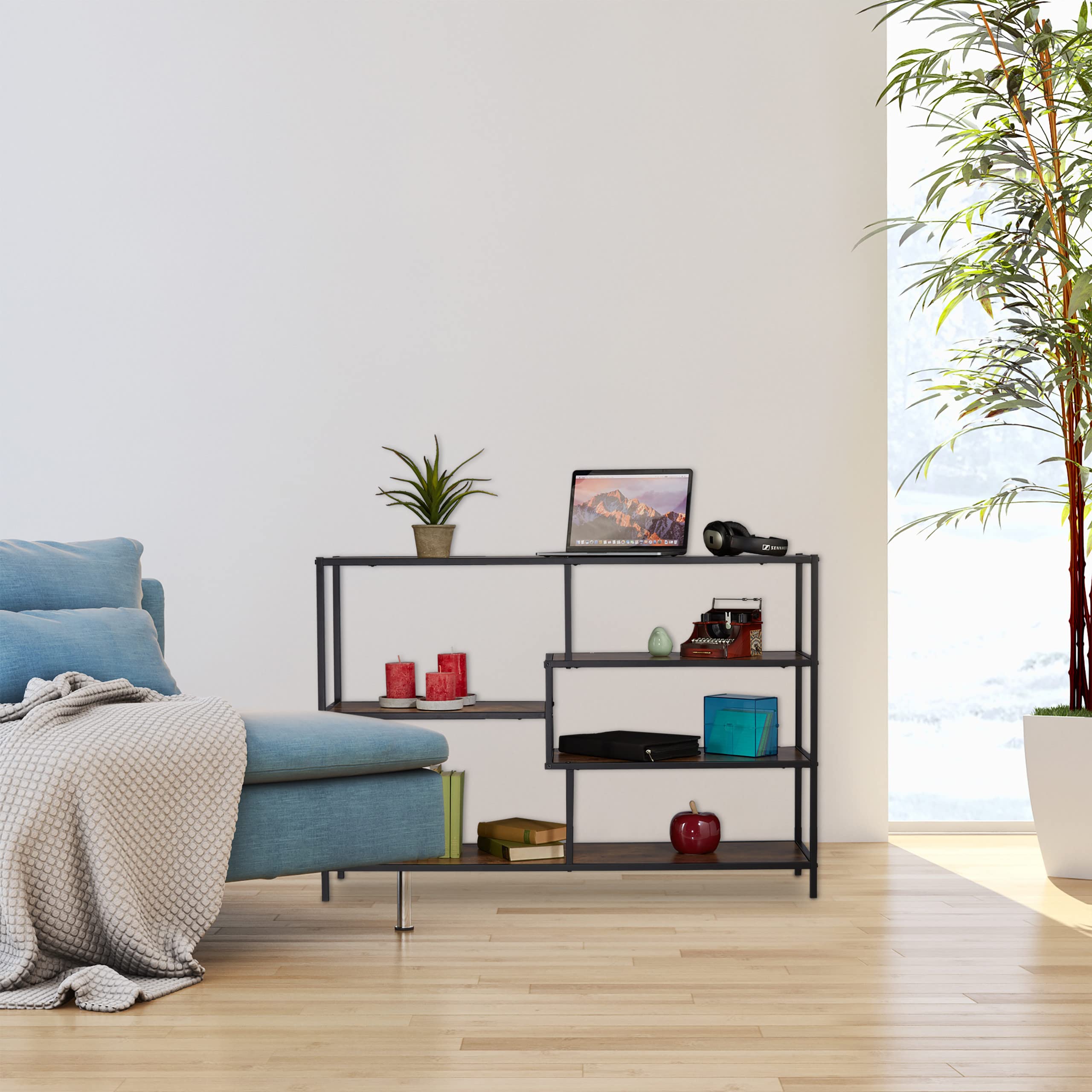 Relaxdays Scaffale in Stile Industrial, 5 Ripiani Effetto Legno Mobile Vintage Consolle 79x115x33 cm, Nero Marrone Scuro