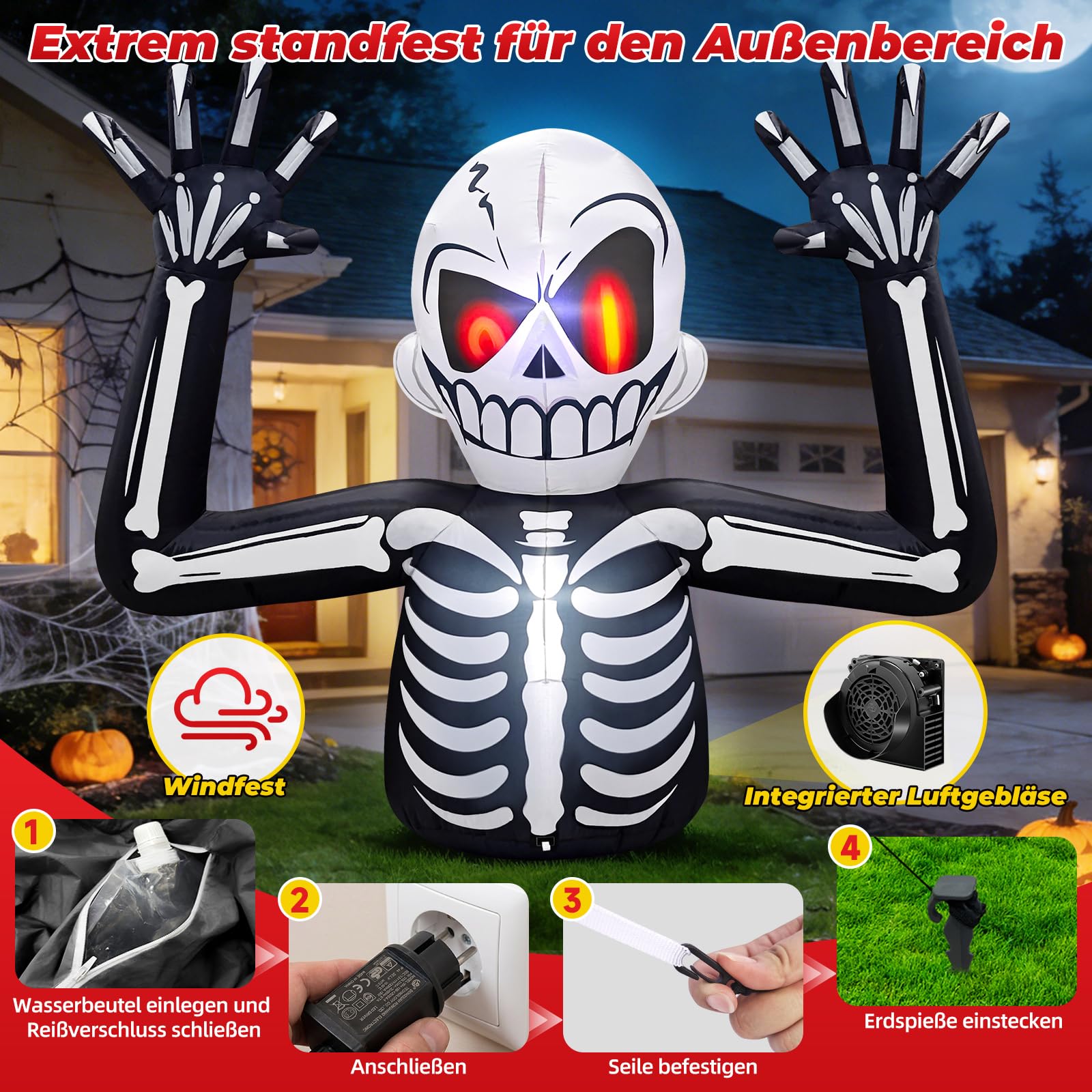 Danxilu 1,83M Gruselige Aufblasbar Halloween Skelett Außen Deko Roten Augen | Eingebaute LED Lichter, Wasserdichtes Material, Seile und Heringe für Windstabilität, Geeignet für den Garten, Rasen, Feiern