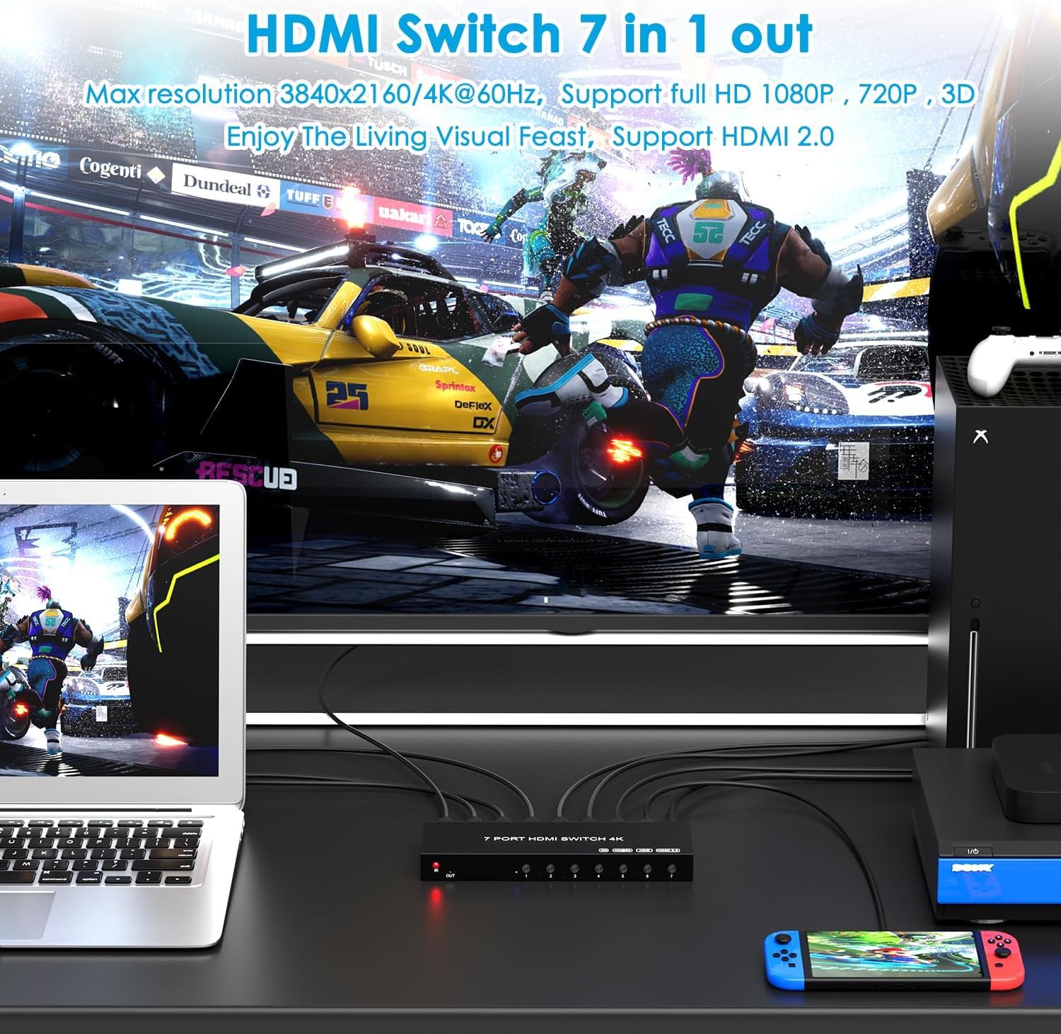 Switch HDMI a 7 vie, 4 K a 60 Hz, 7 in 1, uscita HDCP 2.0, hub HDMI 2.0, supporta 3D, compatibile con Nintendo Switch/Switch OLED/Xbox/PS5/4/3, lettore Blu-Ray, Fire Stick, Roku, Apple TV, Chromeca