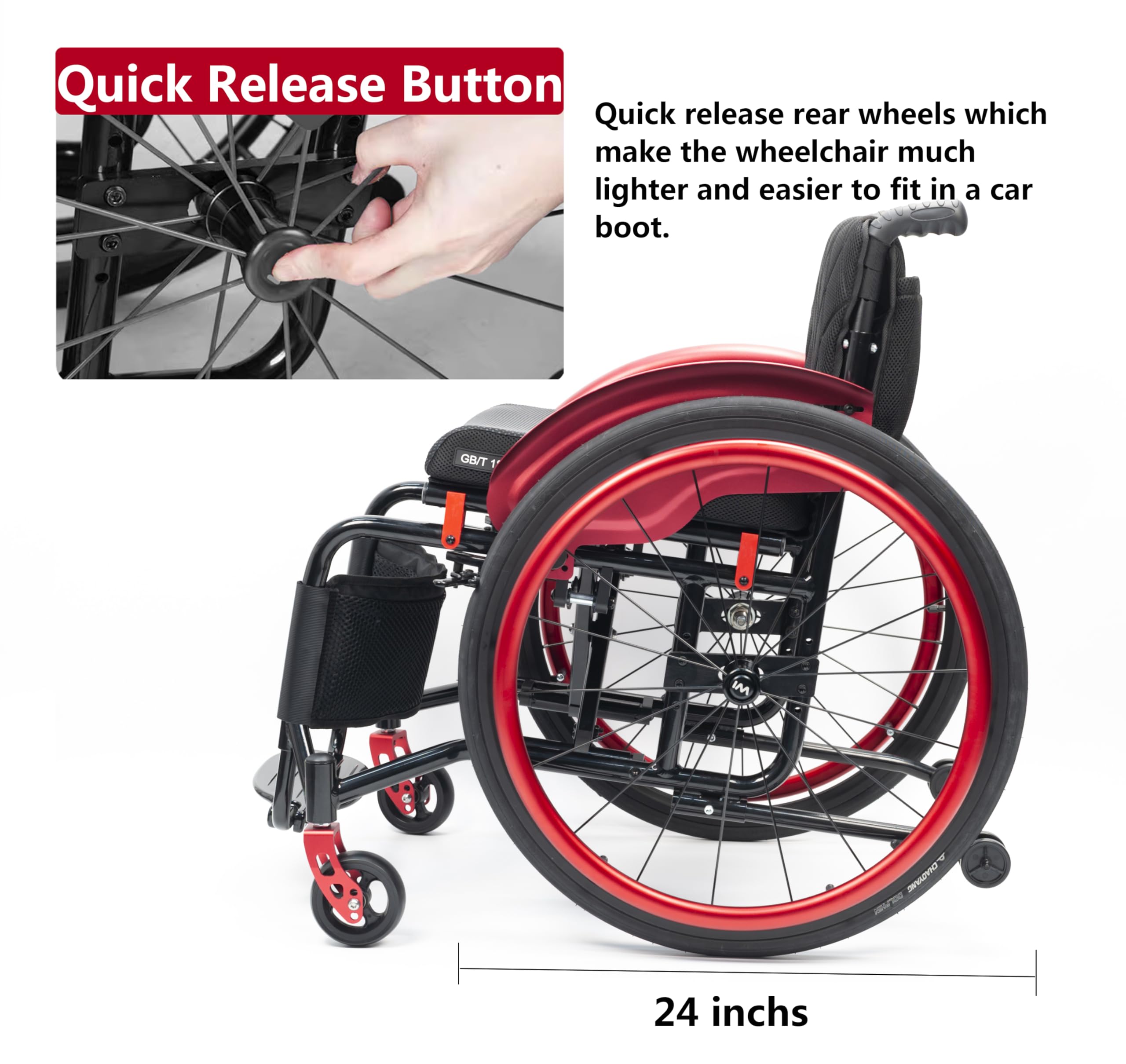Silla de ruedas ligera plegable de aluminio, autopropulsable, para minusválidos, Silla de ruedas para deportes(14.9" Seat Width,Red)