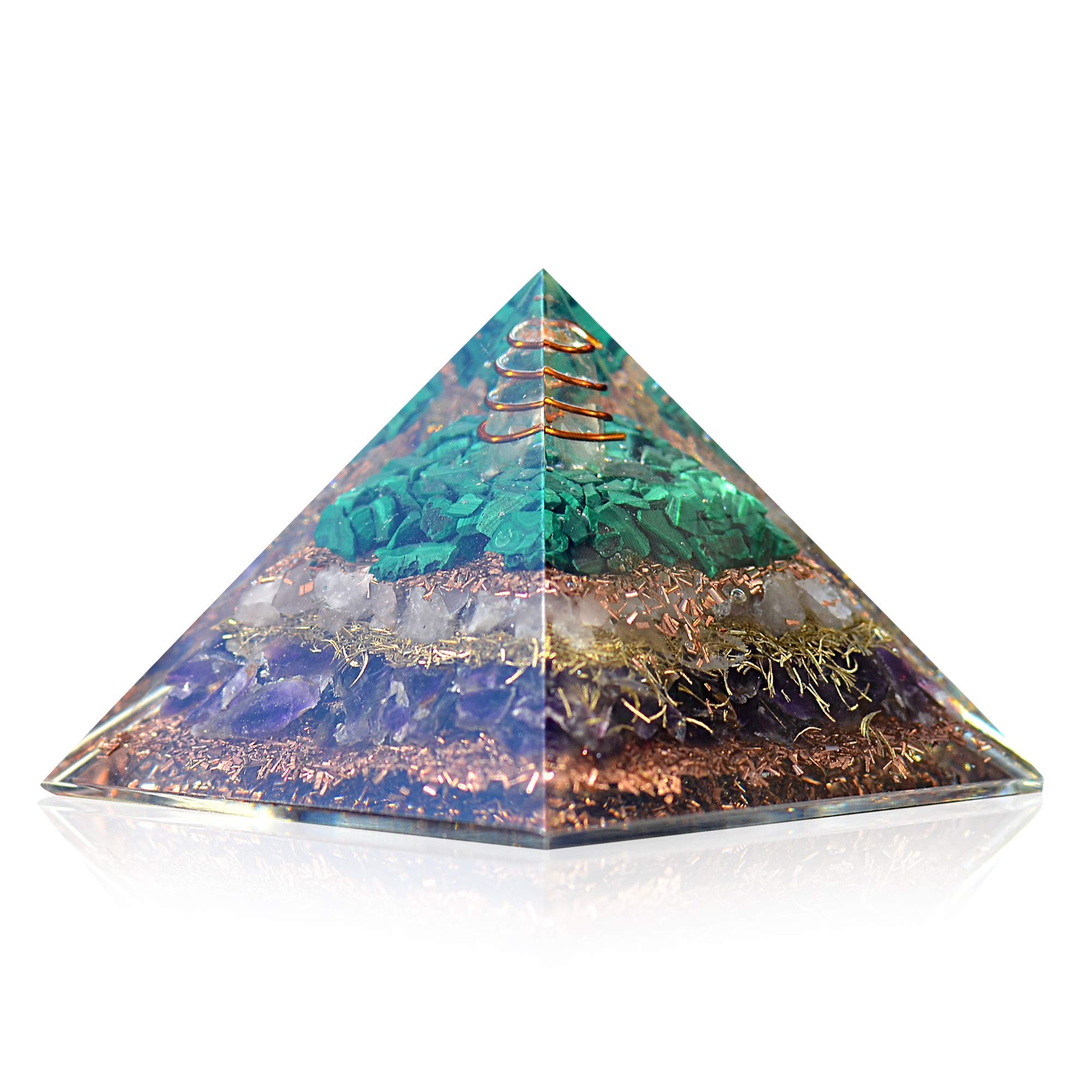 Orgonite Crystal Orgone Pyramid with Rose Quartz, Amethyst, and Malachite – Decorative Gemstone Pyramid for Meditation, Yoga, Gifting, Home or Office Décor