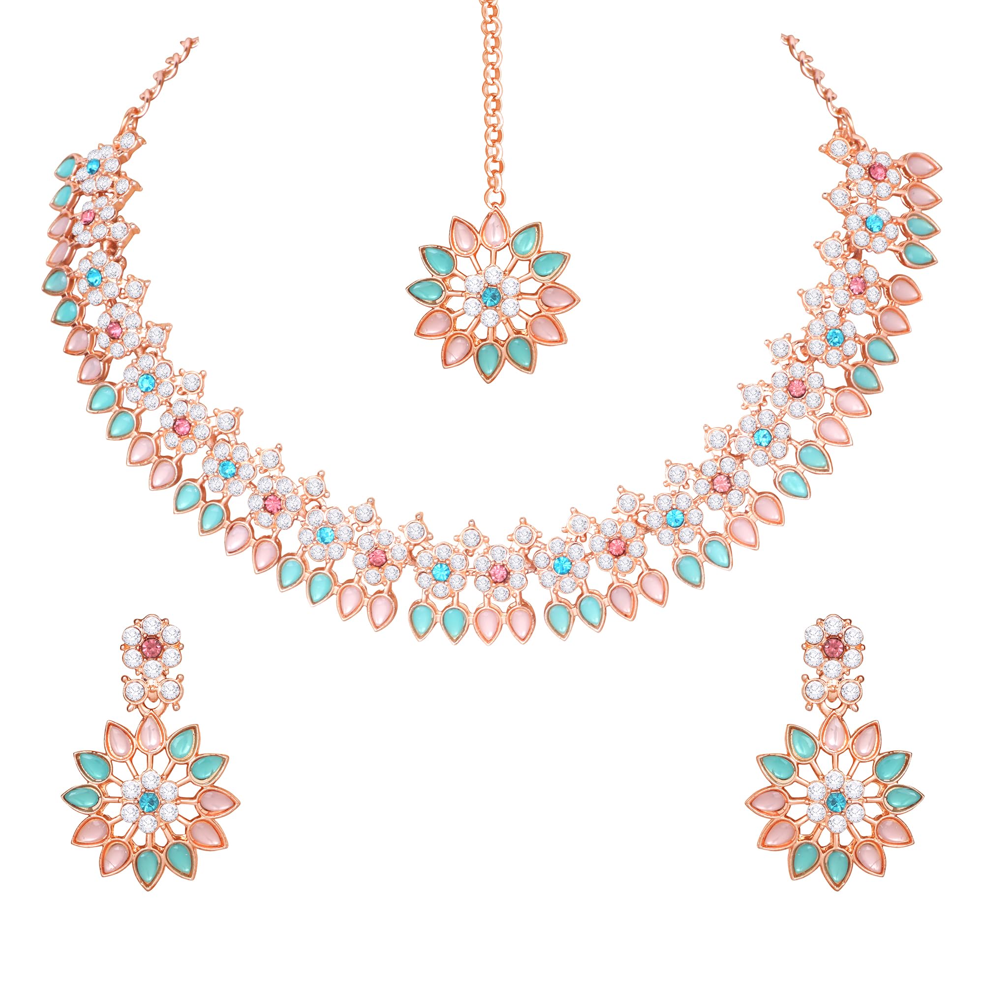 Atasi International Rose Gold Plated Pink & Blue Crystal Necklace Jewellery Set with Earrings and Maang Tikka for Women & Grils (MPB5744) (B0CFJMWB6G) Amazon Price History, Amazon Price Tracker