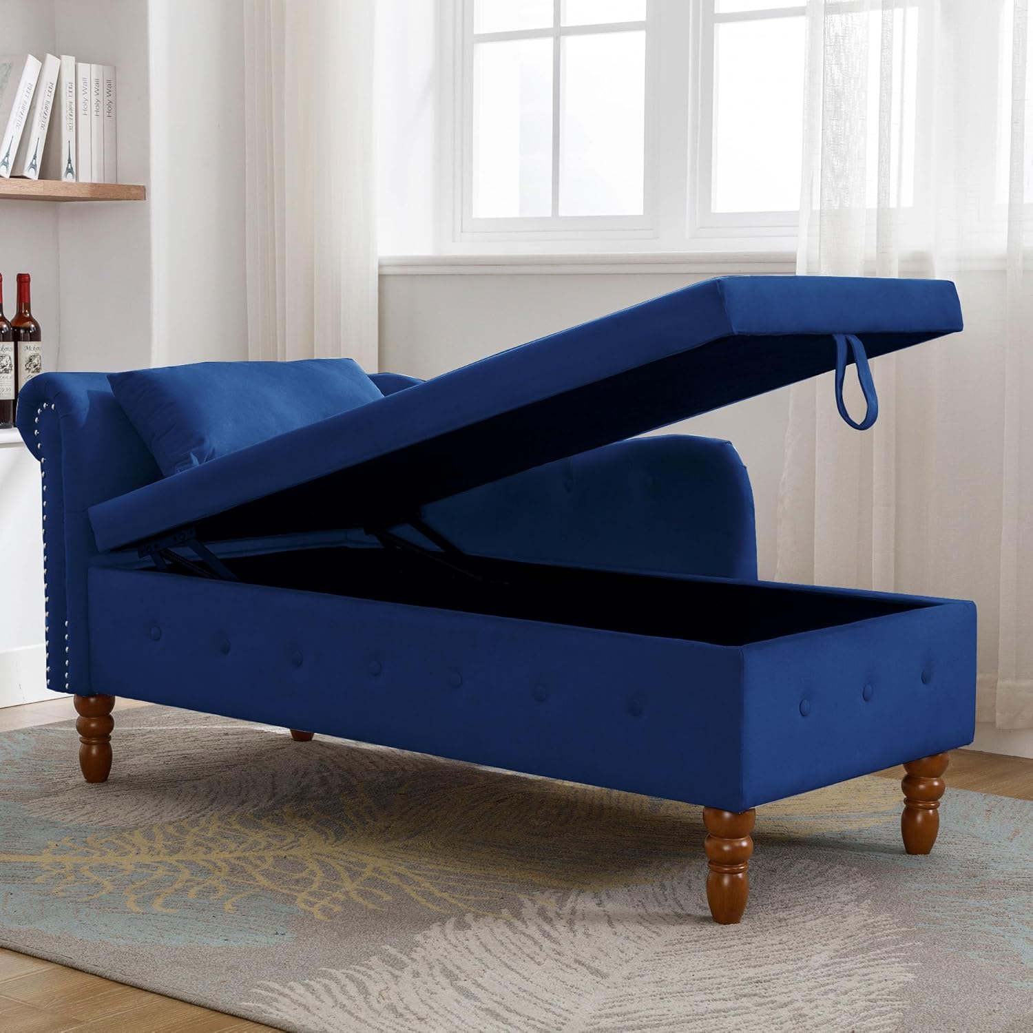 Tufted Upholstered Velvet Rolled Arm Chaise Lounges Indoor Chair, Right Arm Facing Chaise Lounge with Nailhead Trim and 1 Pillow,for Living Room Bedroom Office (Navy Blue)