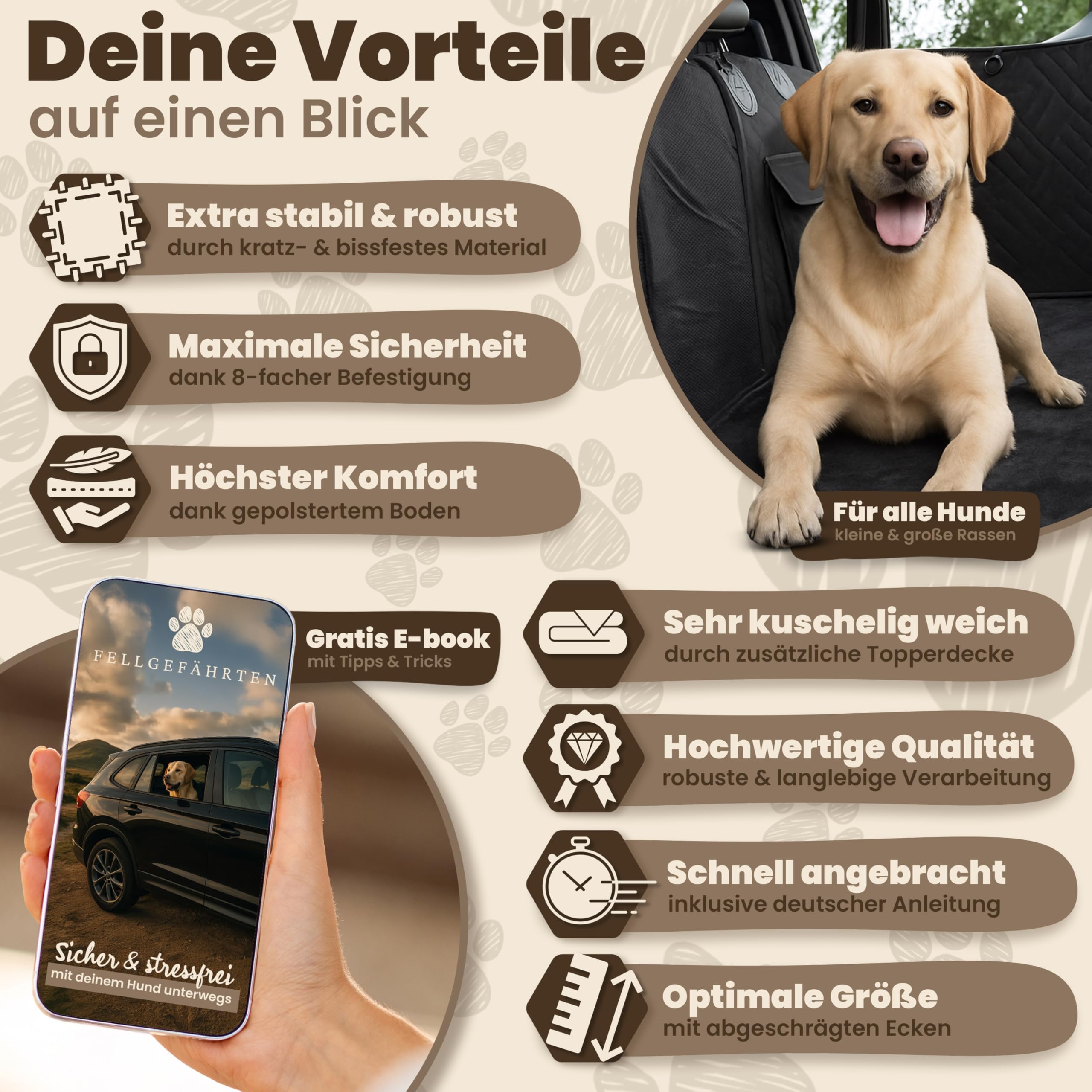 Hundedecke Auto Rückbank – Innovative Autoschondecke mit festem Boden zur Rücksitz-Erweiterung – Universell passend – Abnehmbare, gemütliche Decke für Hunde