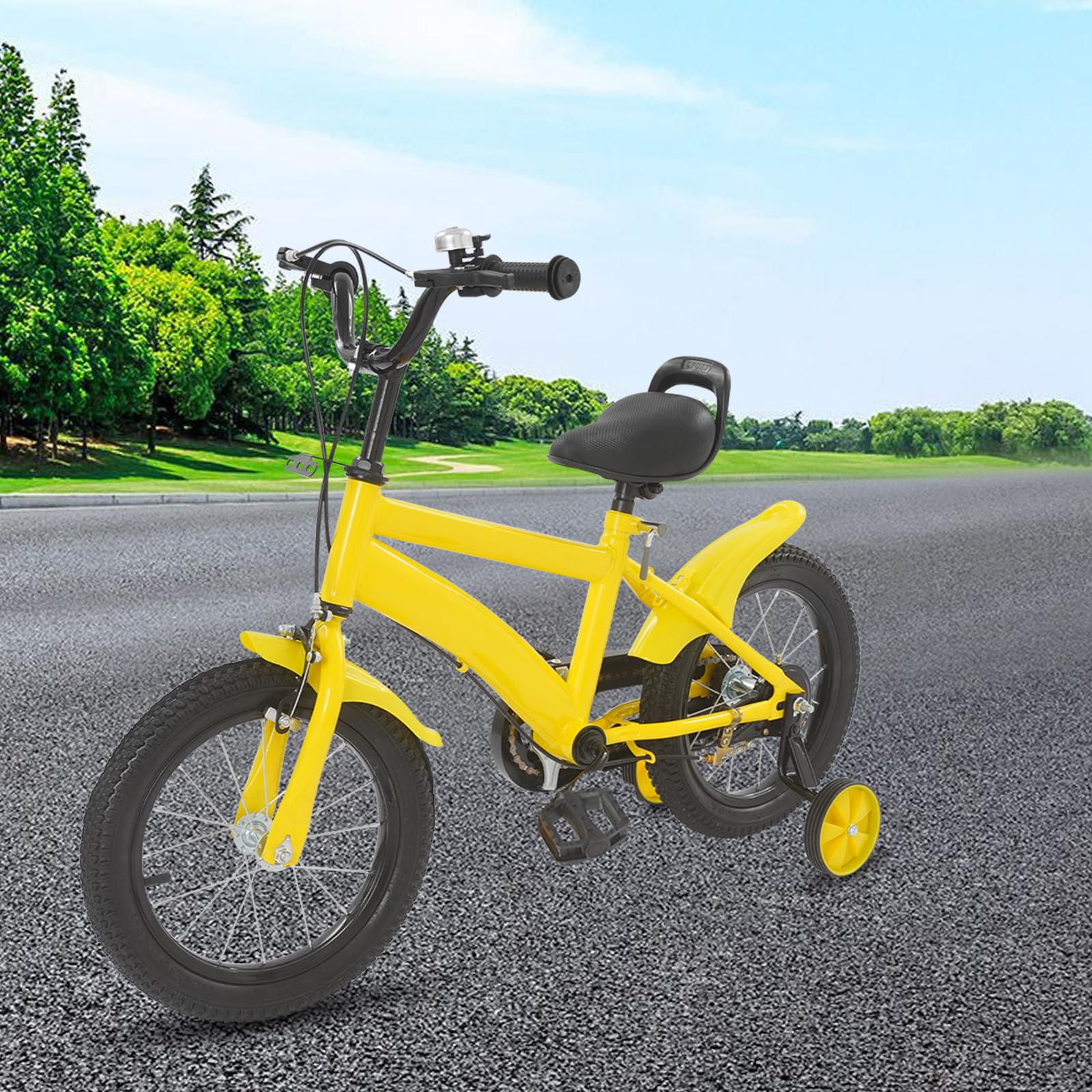 Bicicleta infantil de 14 pulgadas, bicicleta con ruedas estabilizadoras, bicicleta para niños en amarillo y negro, bicicleta de dos ruedas resistente, asiento regulable en altura, manillar